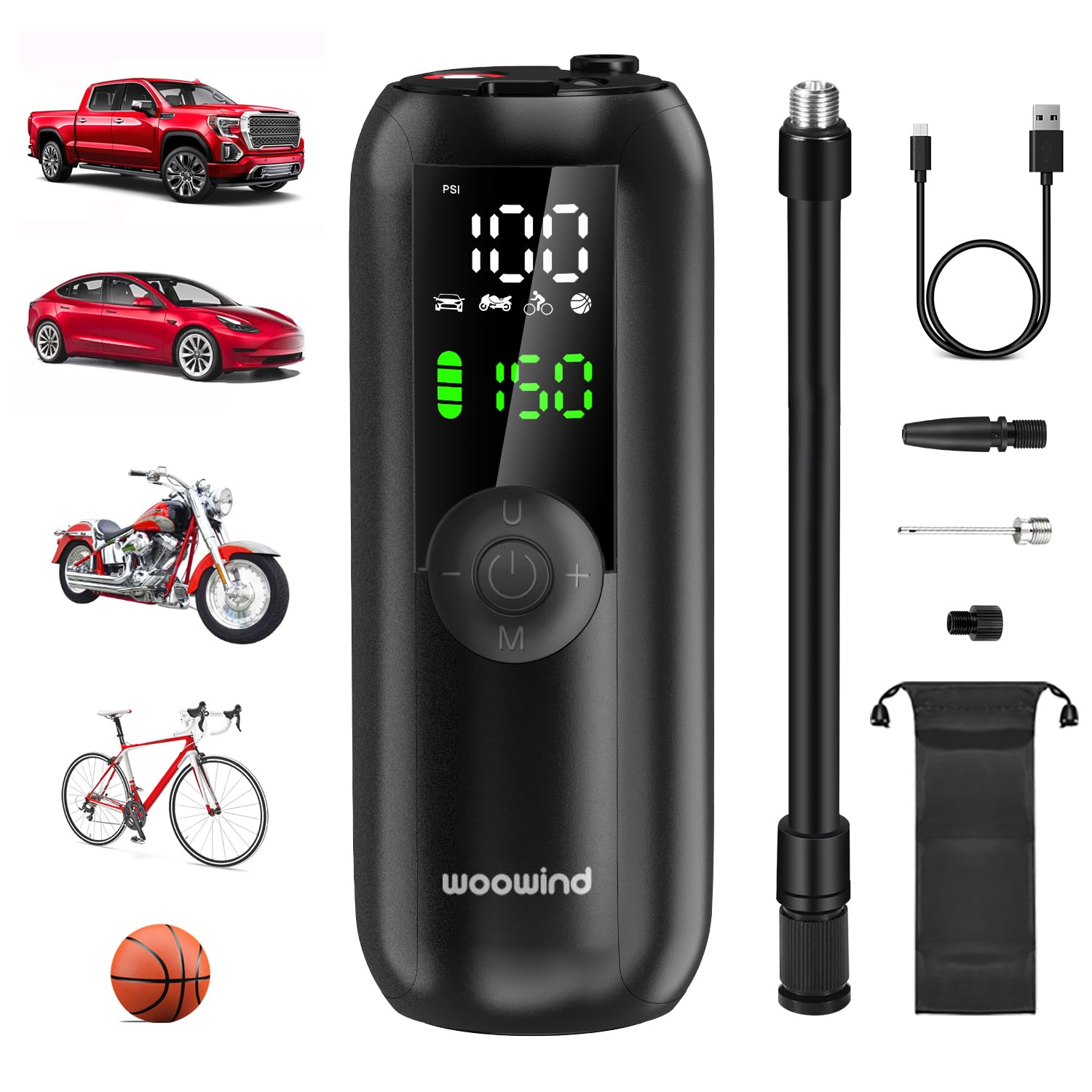 Woowind LP1 Tire Inflator Portable Air Compressor Bike Pump 150PSI Air Pump for Car Tires Auto Off Tire Pump with Presta, Schrader and Dunlop Valve