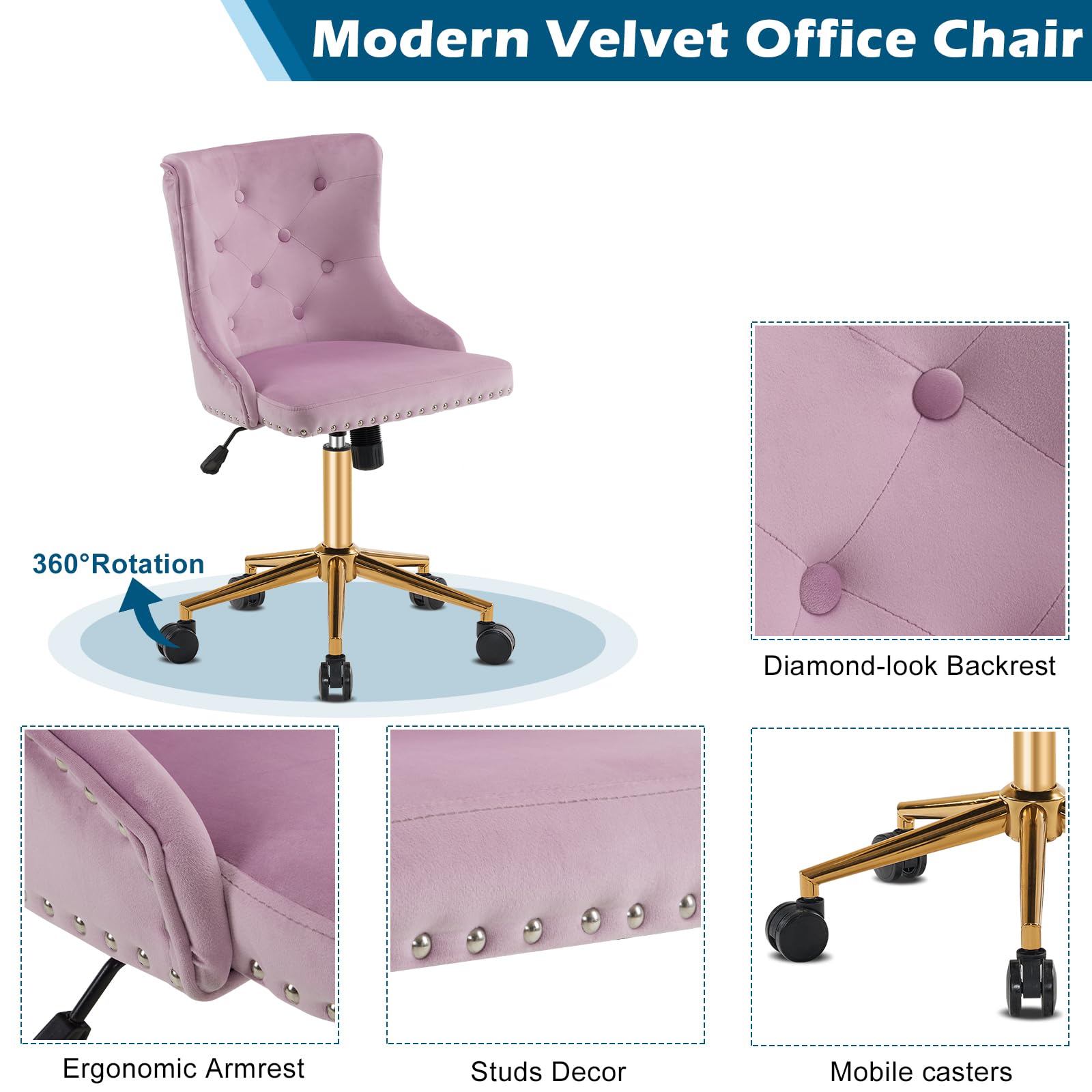 VINGLI Mauve Purple Armless Home Office Desk Chair with Gold Base/Wheels, Small Cute Vanity/Makeup Chair with Back for Bedroom, Upholstered Adjustable Rolling Swivel Nail Chair for Women/Girls