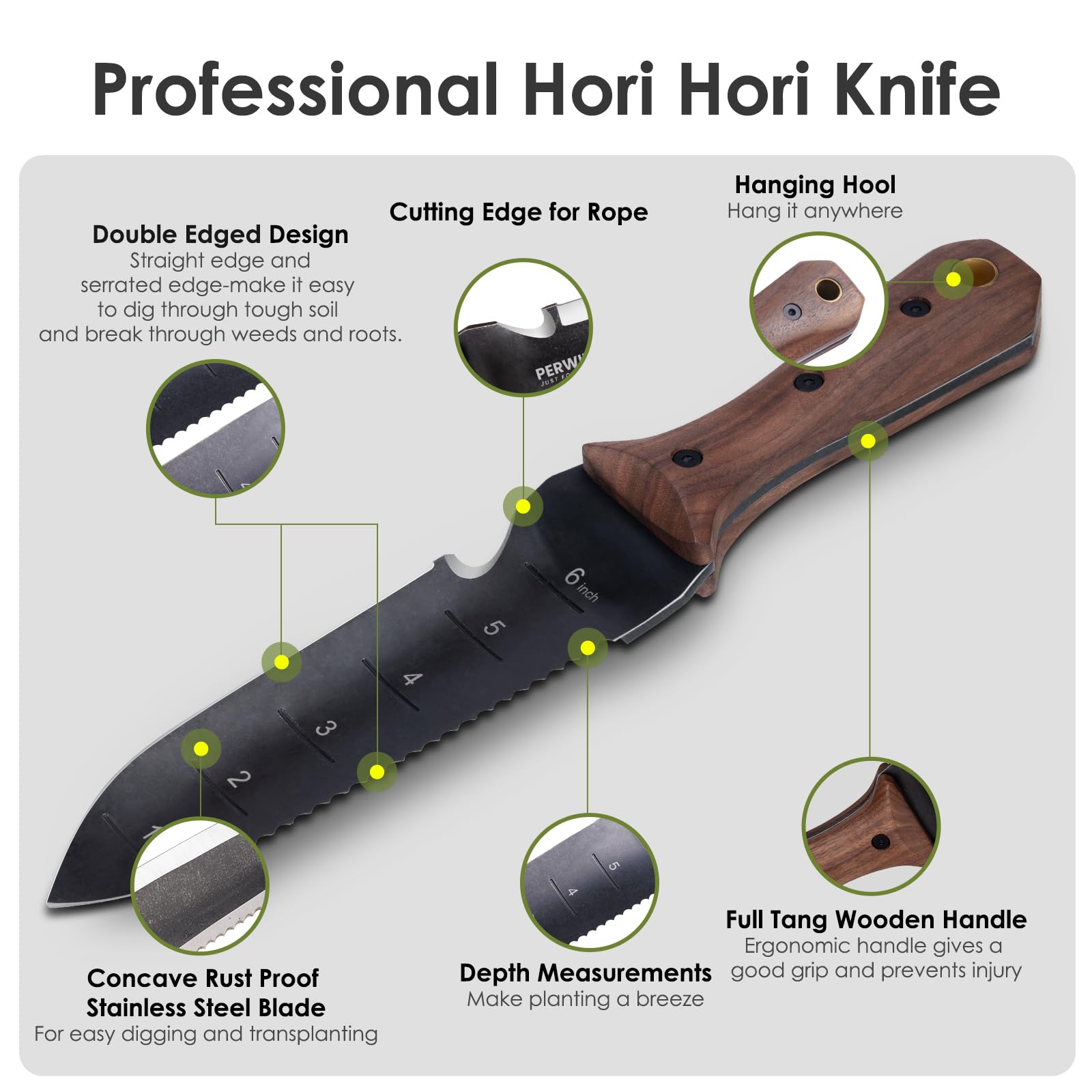 PERWIN Hori Hori Garden Knife, Garden Tools with Sheath for Weeding,Planting,Digging, 7" Stainless Steel Blade with Cutting Edge, Full-Tang Wood Handle with Hanging Hole