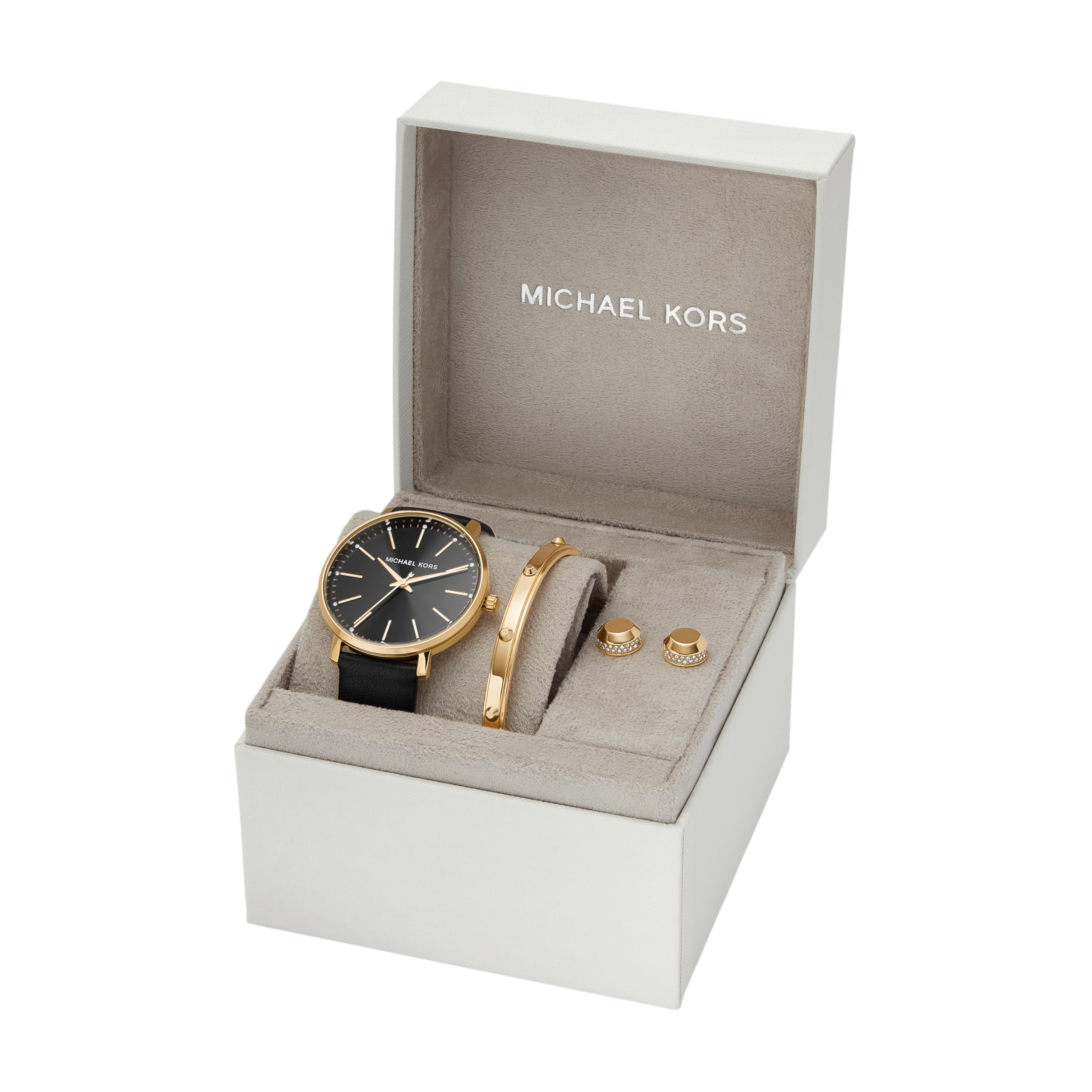 Michael Kors Pyper Three-Hand Black Leather Women's Watch and Jewelry Gift Set (Model: MK1077SET)