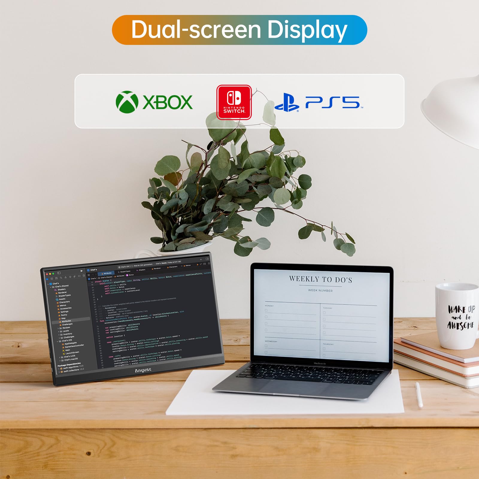 Anyuse Portable Monitor 15.6 Inch 1080P USB-C HDMI Ultra-Slim Travel Monitor with Kickstand, for Laptop, PC, Mac Phone, PS, Xbox, Swich IPS Ultra-Thin Zero Frame Gaming Monitor