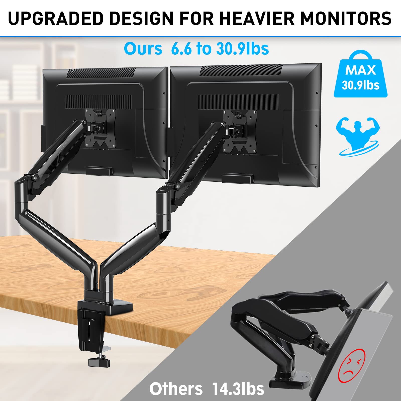 MOUNTUP Dual Monitor Mount for 2 Max 35 inch Ultrawide Screens, Hold 6.6-30.9lbs, Full Motion Gas Spring Monitor Desk Arm, Heavy Duty Dual Monitor Stand for Desk, VESA Bracket with Clamp/Grommet Base