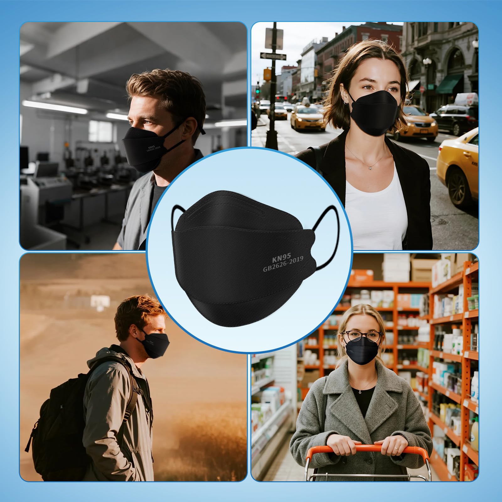 Borje KN95 Face Masks for Adults 50 Pack,5-Ply Black Disposable Face Mask Against PM 2.5 Smoke & Dust, Filtration Efficiency 95%