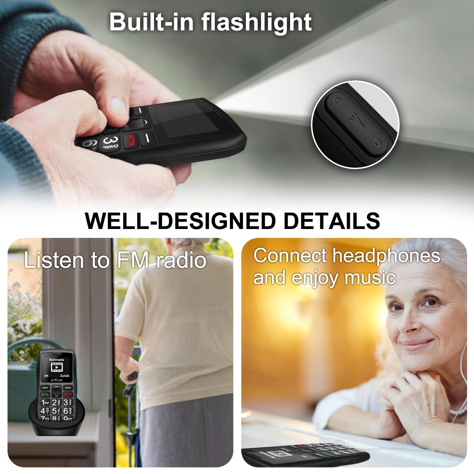 artfone C1+4G Big Button Cell Phone for Seniors and Kids, Unlocked Senior Cell Phone with SOS and Time Broadcast Button, Speed Dial, FM Radio, Torch, Clear Sound, Charging Dock, 1800mAh Battery, Black