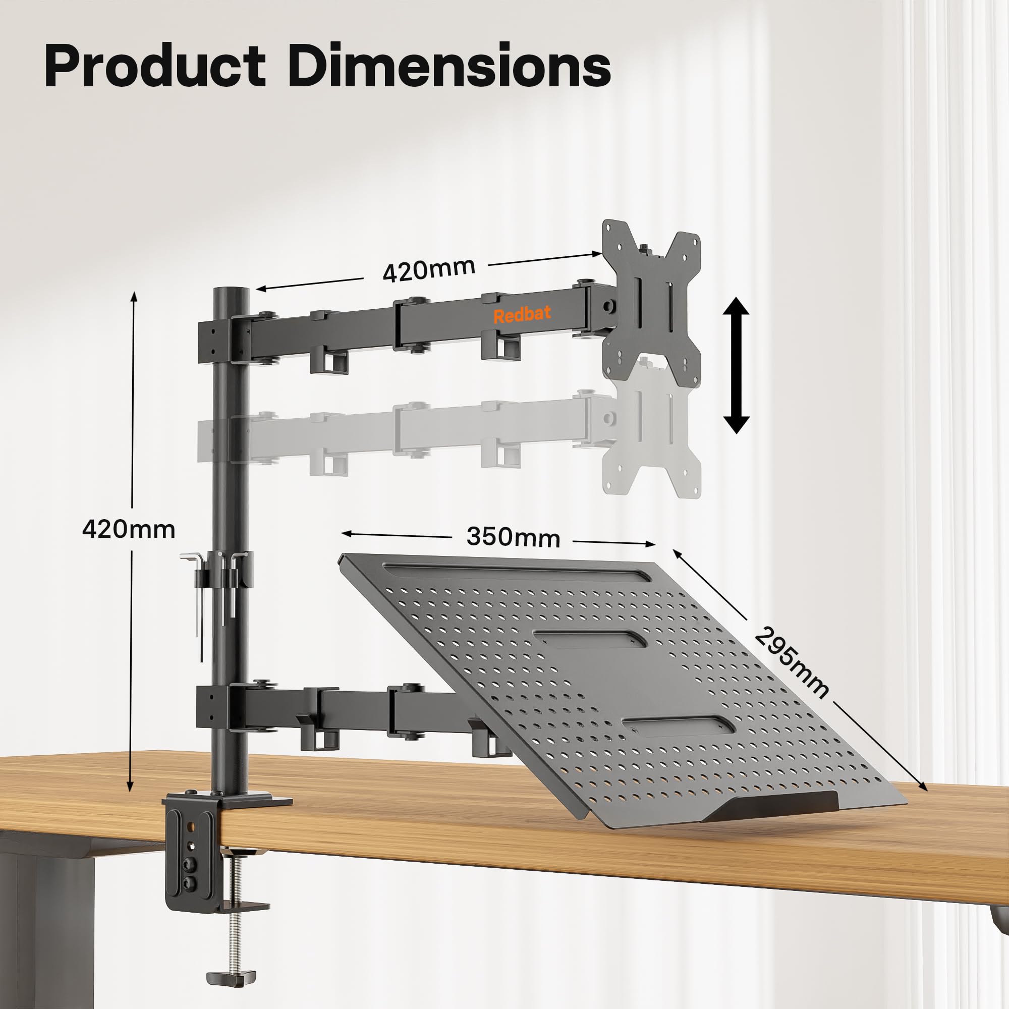 Redbat Monitor and Laptop Stand for 13-32 inch LCD LED Screens, Adjustable Monitor Mount with Laptop Tray Up to 16 inch Laptop/Notebook, Laptop Arm with VESA 75/100mm, 2 Mounting Options