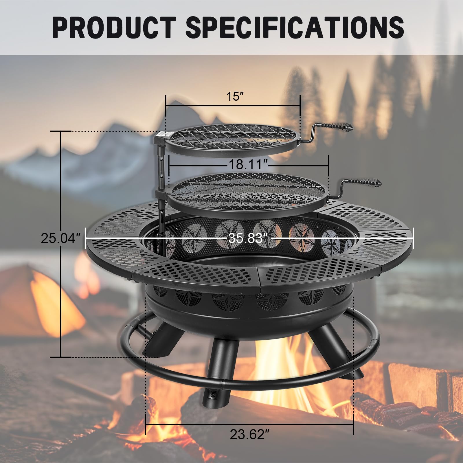 36 Inch Fire Pit with 2 Cooking Grills,Outdoor Wood Burning BBQ Firepit with Lid, 3-in-1 Outdoor Fire Pit for Backyard Deck Bonfire Patio Picnic(Black)