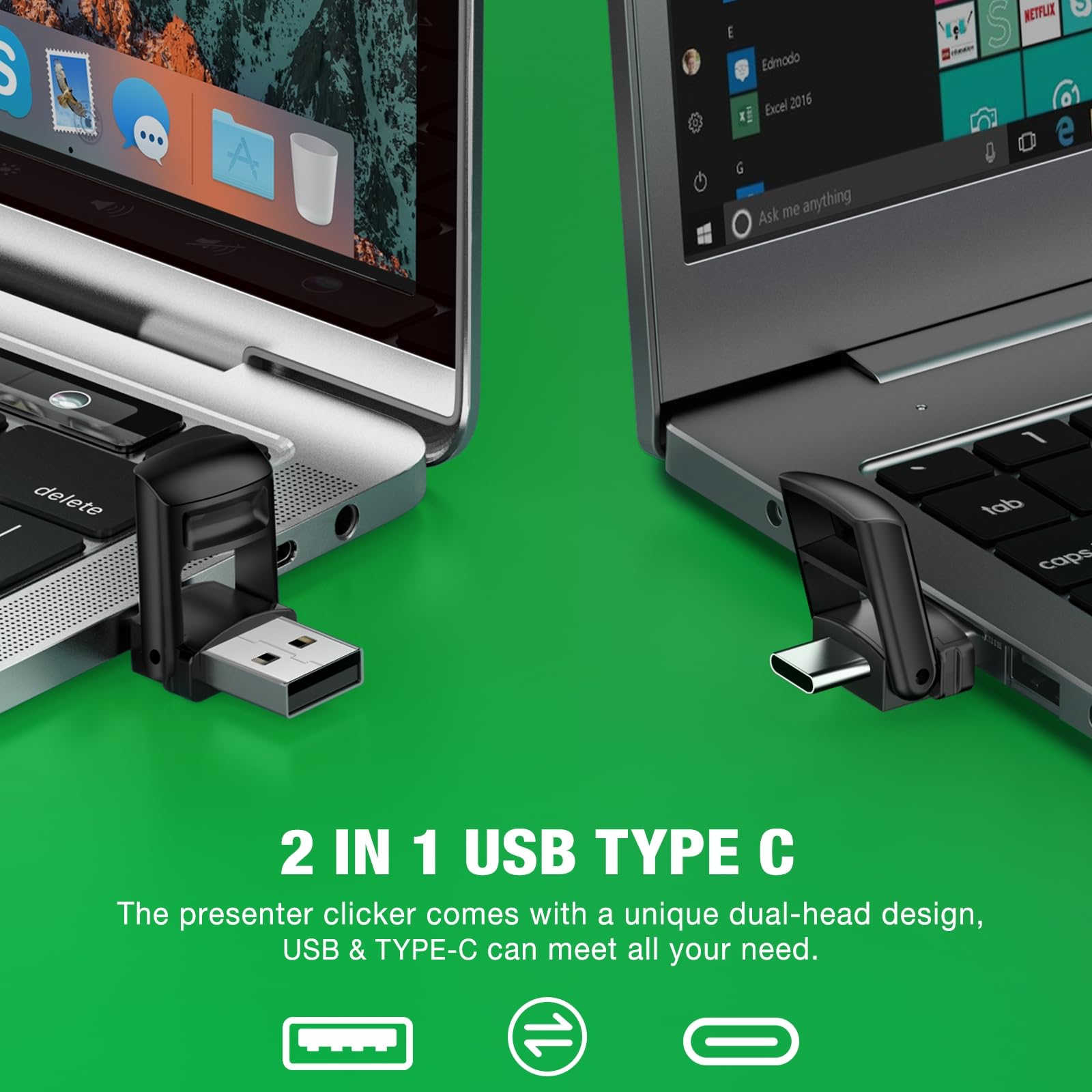 3-in-1 USB Type C Presentation Clicker Wireless Presenter Remote with Green Light for PowerPoint, Powerpoint Clicker with Volume Control PowerPoint Slide Advancer for Mac, Computer, Laptop