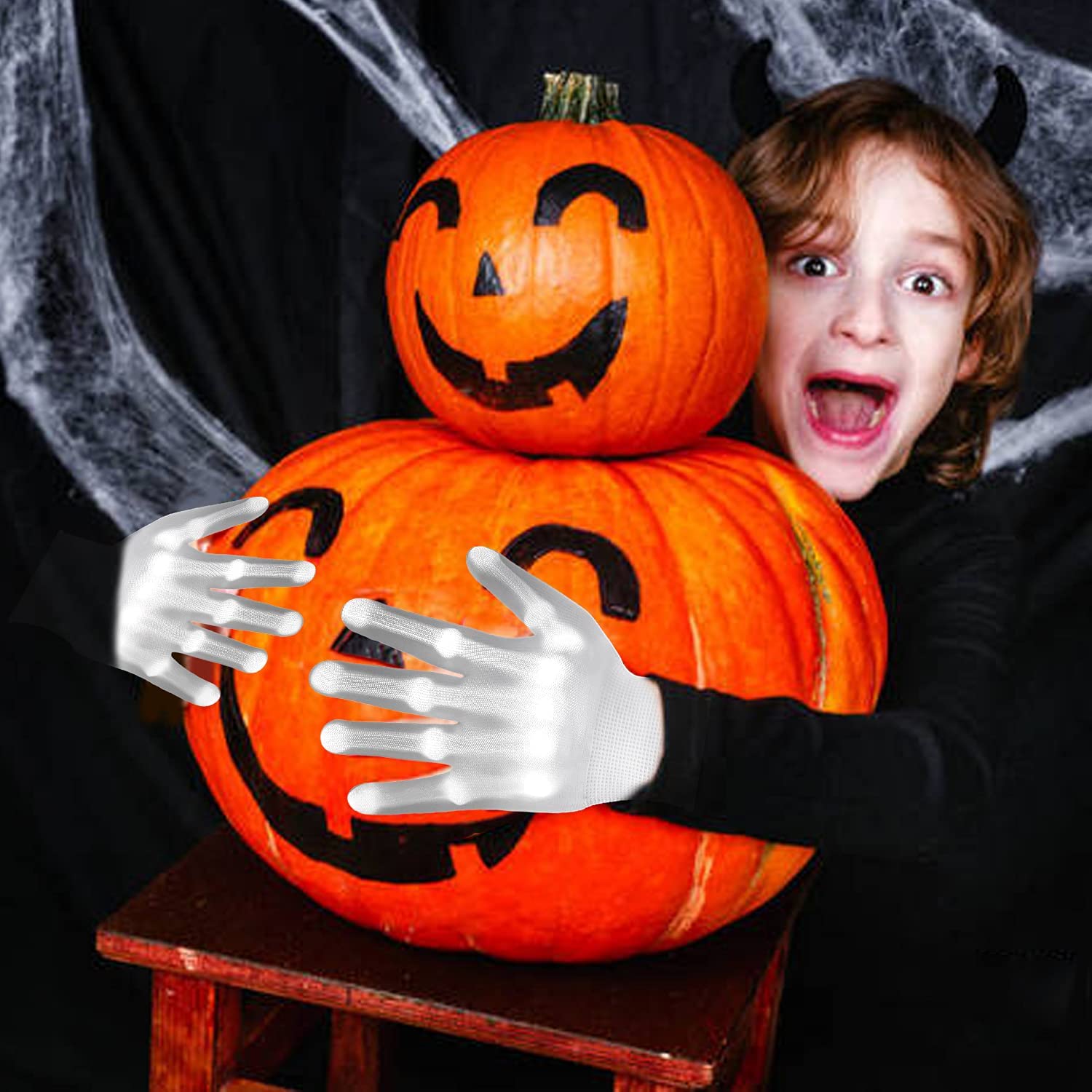 WEICHUANGXIN LED Gloves, 12 Color Changing Flashing Skeleton Gloves, Cool Light Up Costume for Halloween Christmas Birthday Party, Best Gifts for Age 8-14 Years Kids, 1 Pair(Large)