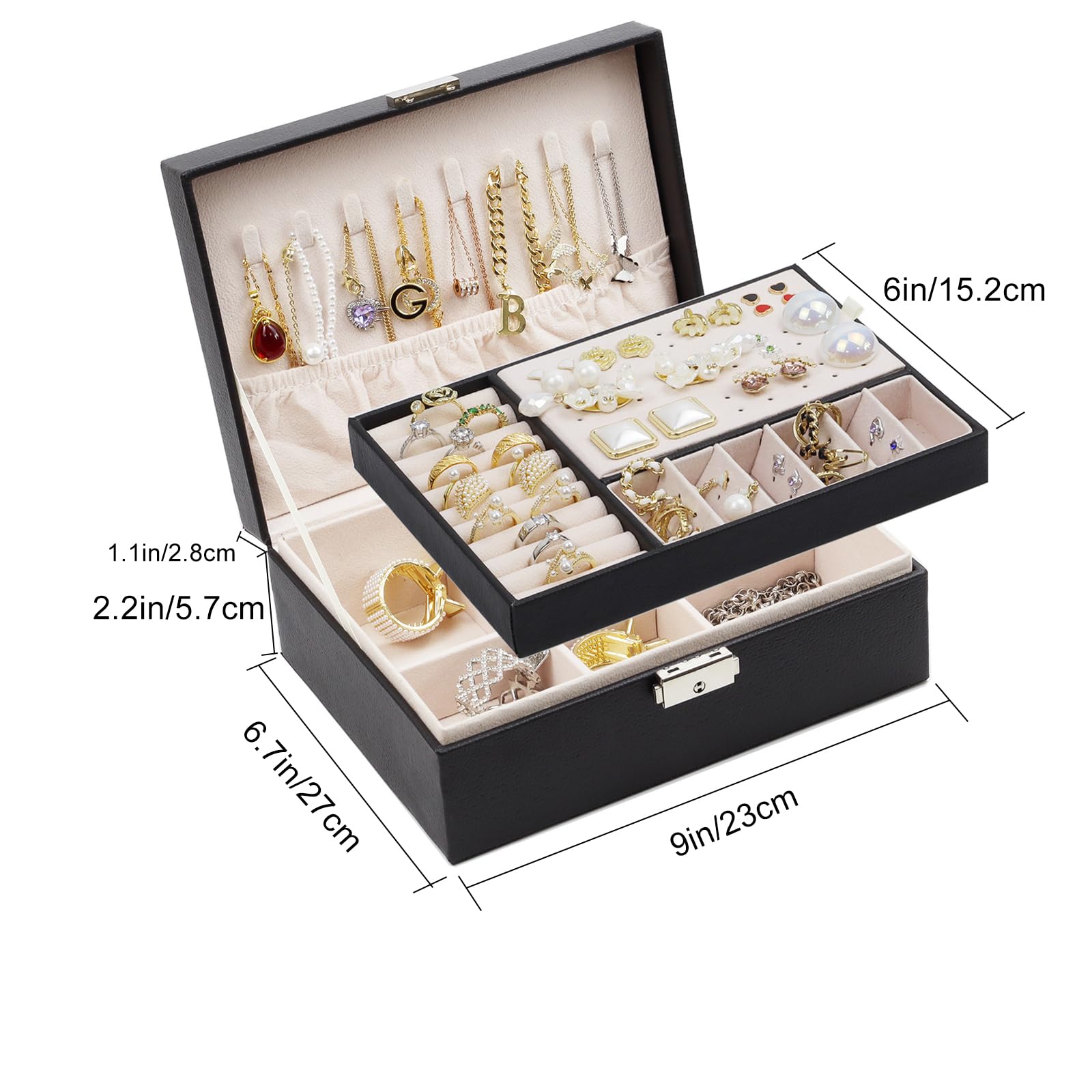 SYCARON Jewelry Box Organizer for Mothers Day Gifts, Jewelry Organizers 2 Layer Jewelry Storage Box PU Leather with Lock for Women Girls Rings Earrings Necklace Bracelets, Black