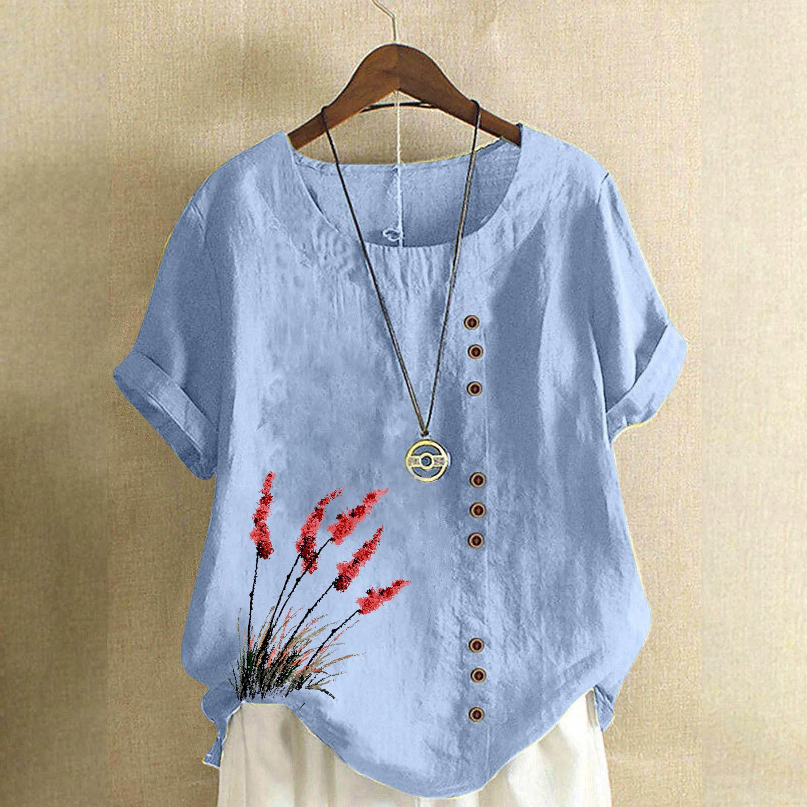 Tunic Tops for Women Dressy Short Sleeve Solid Color Floral Print Shirts Casual Crew Neck Summer Top Blouses 2025