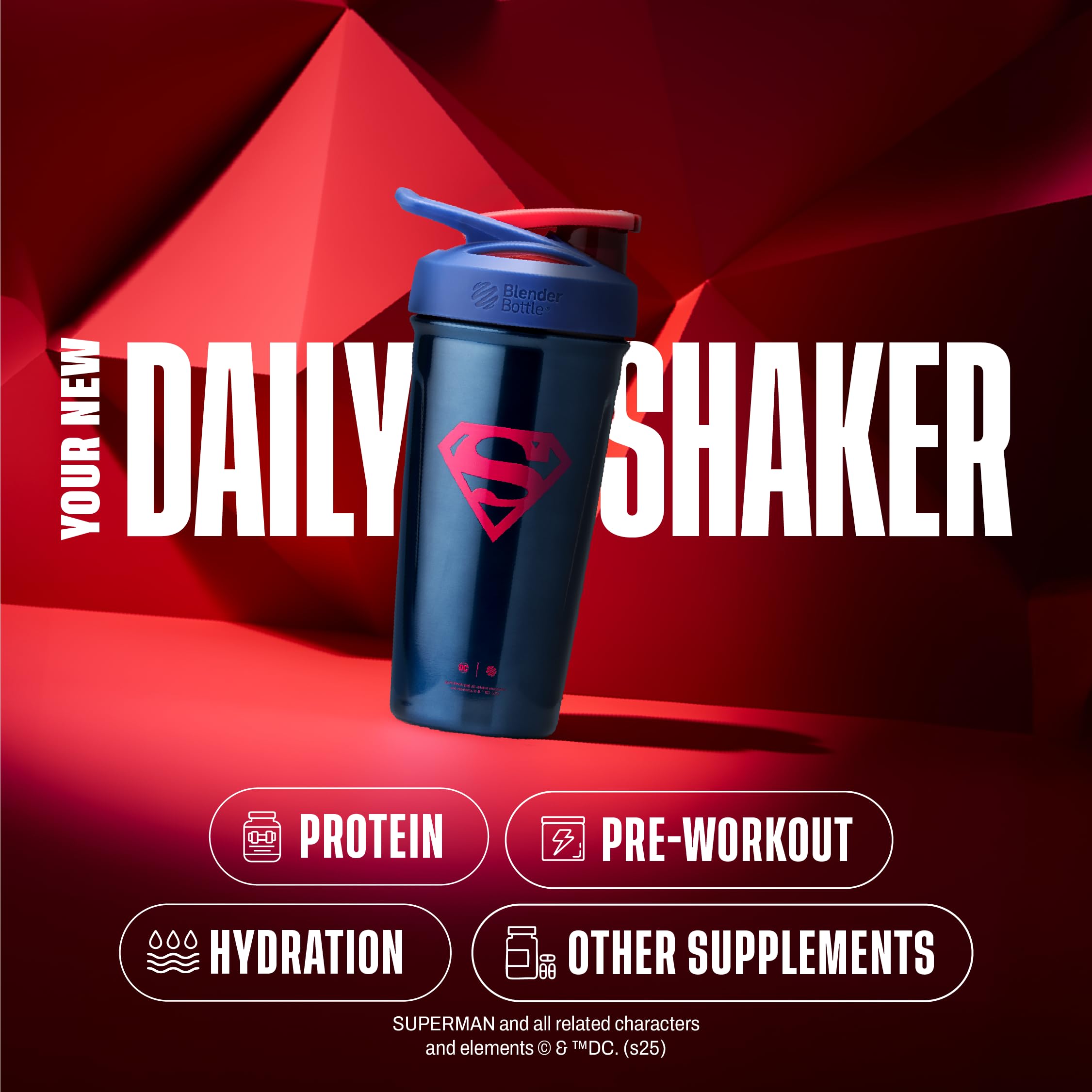 BlenderBottle Superman Sport Shaker Cup Insulated Stainless Steel Water Bottle with Wire Whisk, 24-Ounce, Man of Steel - Blue
