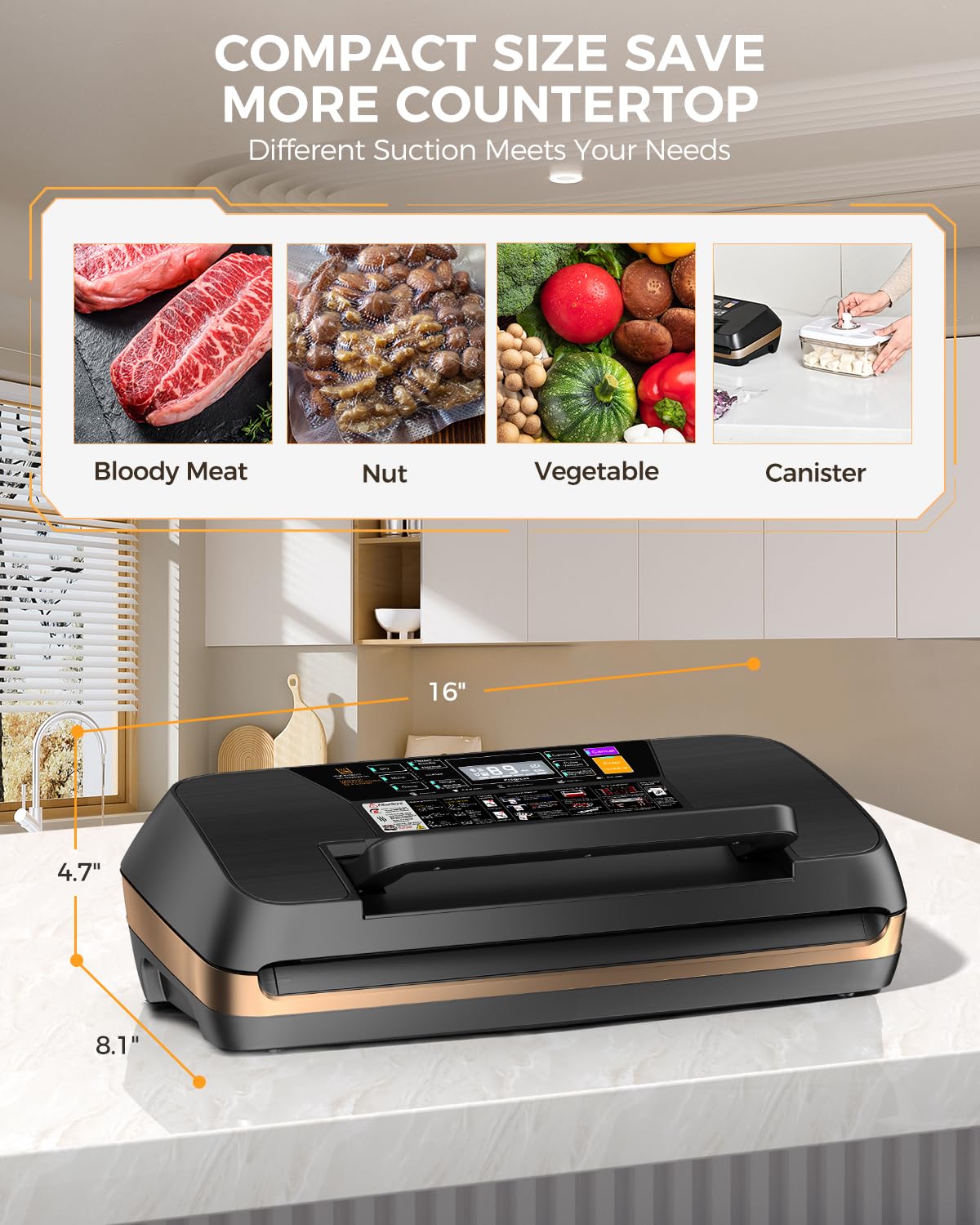 95kpa Vacuum Sealer Machine, Commercial Full Automatic Food Sealer, Food Vacuum Sealing Machine with Cutter, 10 Pre-cut Bags & Bag Rolls and Accessory Hose, Fully Starter Kits,Glod