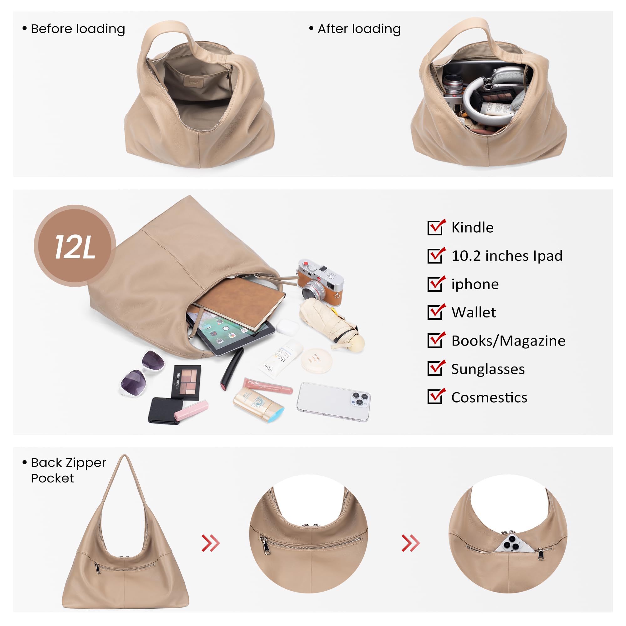 befen Leather Slouchy Hobo Bags for Women, Ultra Soft Full Grain Leather Large Tote Bag,Lightweight Tote Purses Foldable Shoulder Handbag, Oversized Hobo Bags for Women Work Travel, Milk Tea