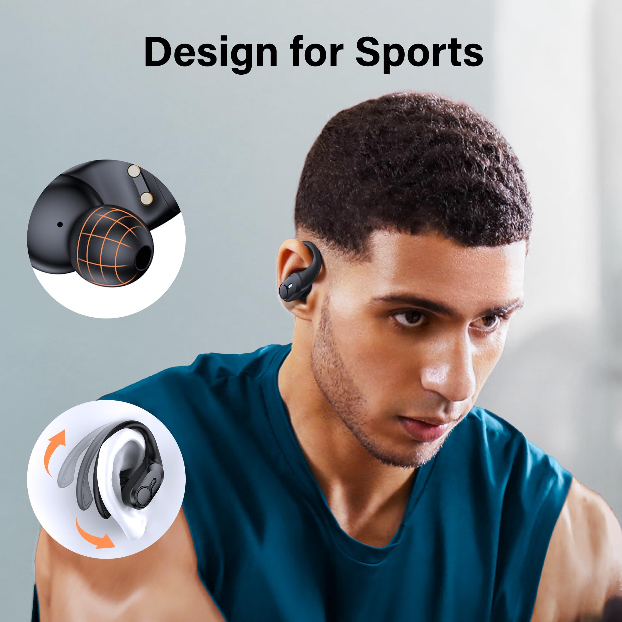 Wireless Earbuds Bluetooth Headphones Ear Buds 70H Playback Digital Display Wireless Charging Case Deep Bass Wireless Earphones Over Ear Sport Waterproof Bluetooth Headset for Workout Running Black