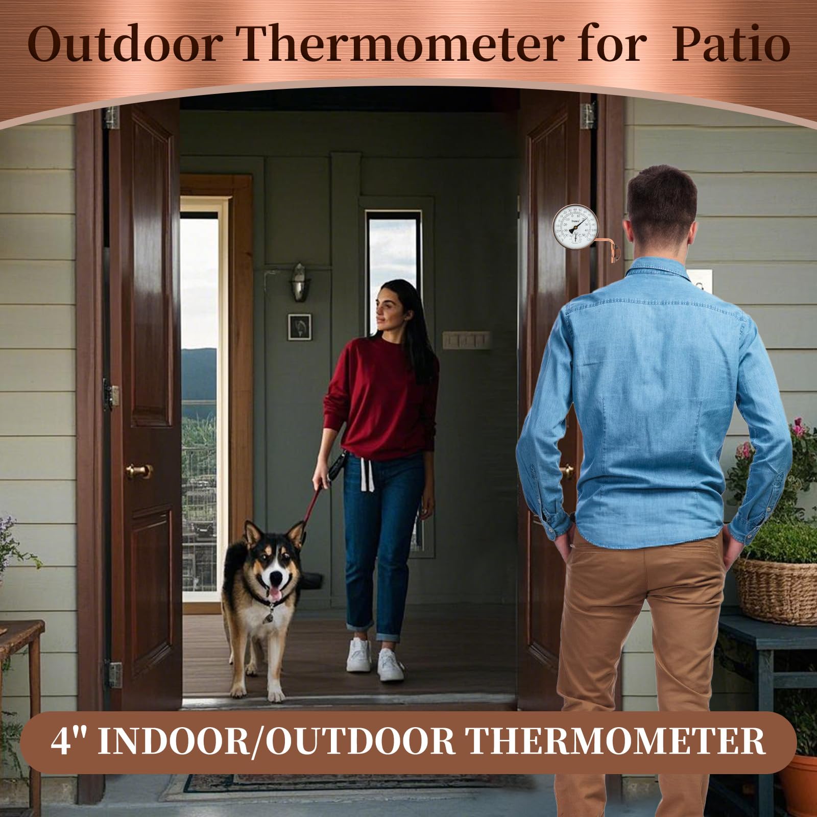 Dunuo 4" Brass Outdoor Thermometer, Indoor Thermometer for Room – Analog Wall-Mount Temperature Gauge with Humidity – Decorative for Patio, Garage, House, Greenhouse, Window, Antique Bronze