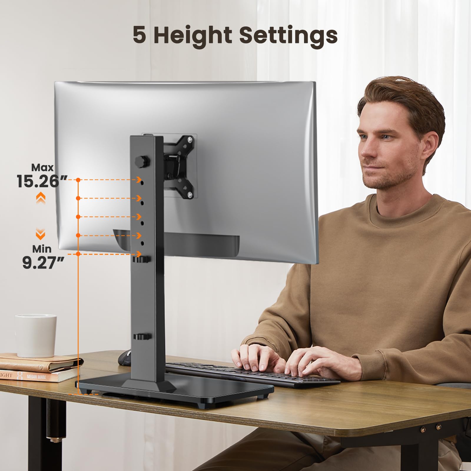 ErGear Single Monitor Stand for 13-34 inch Screens up to 44 lbs, Free-Standing Monitor Riser with 5 Height Settings, Tabletop Monitor Stand with Tempered Glass Base, Max VESA 100x100mm, EGTVS29
