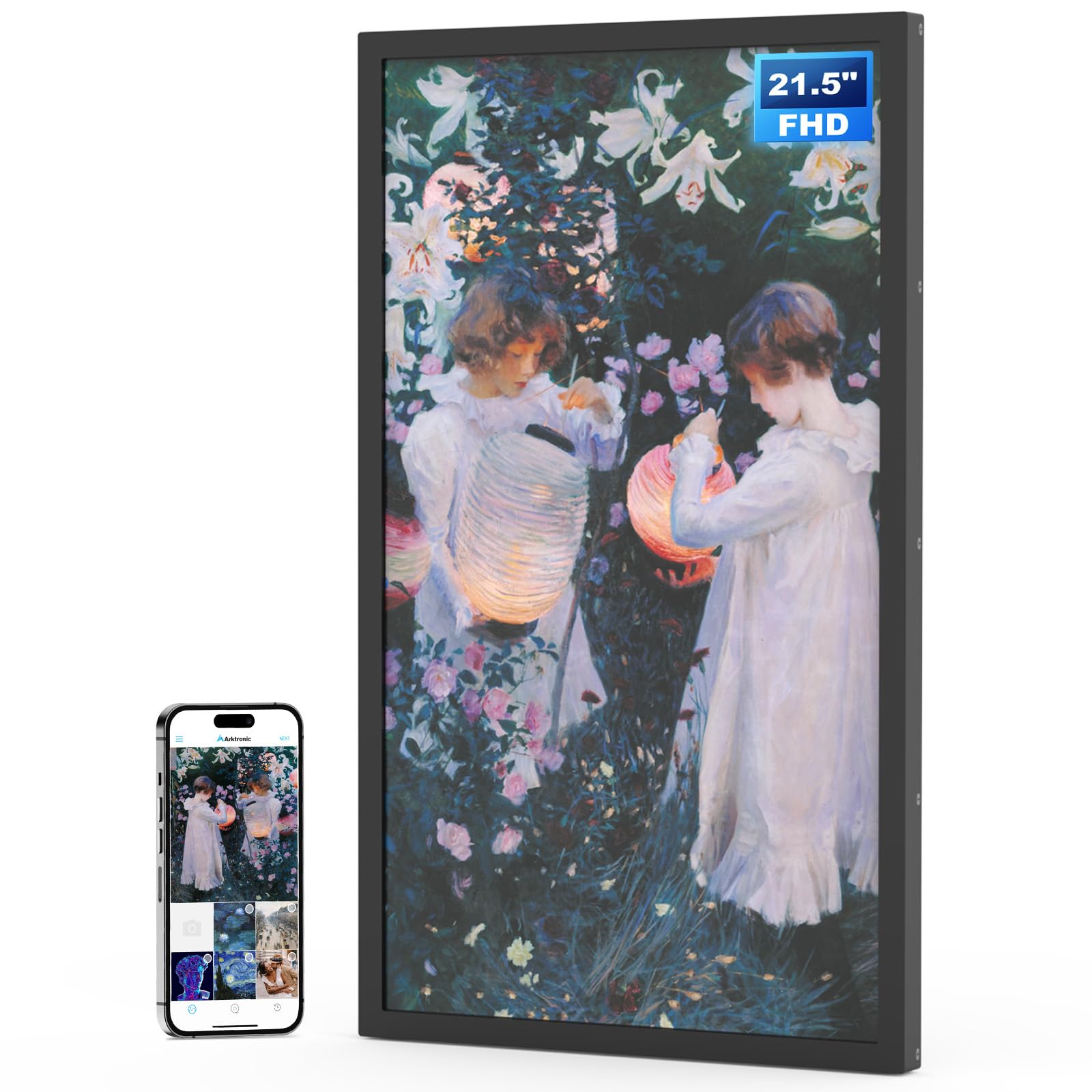 Arktronic 21.5 Inch Large Digital Picture Frame, 1920x1080 FHD IPS WiFi Electronic Photo Frame with Remote Control, 64GB Storage, Wall-Mountable, Instantly Share Photo/Video via Apps, Email, Black