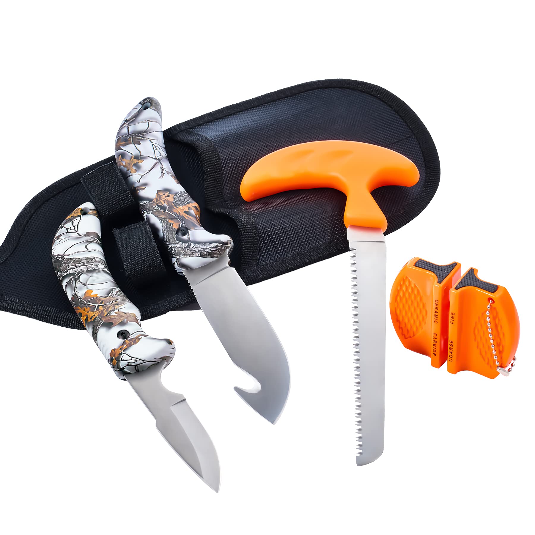 KNINE OUTDOORS 4-piece Hunting Knife and Saw Combo Set, Gut-hook Skinner, Fixed Blade Caping Knife, Nylon Belt Sheath