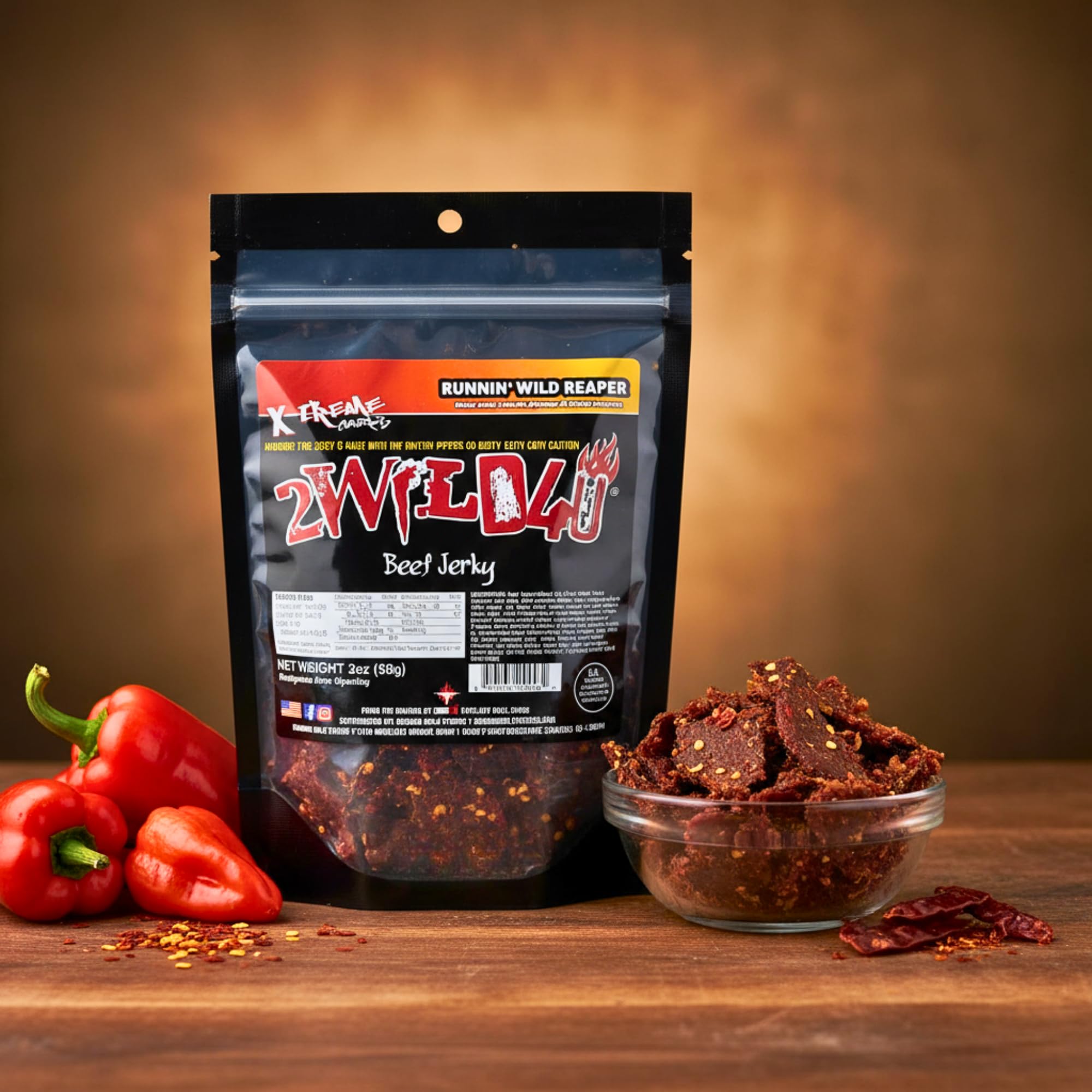 Carolina Reaper Beef Jerky – Premium Brisket Cuts | Extreme Heat | 27g of Protein Per Bag | Small Batch, Real Carolina Reaper & Ghost Pepper Infused | 2WILD4U: Eat If You Dare - 6 ounces total (Pack of 2 bags, 3 ounces each)