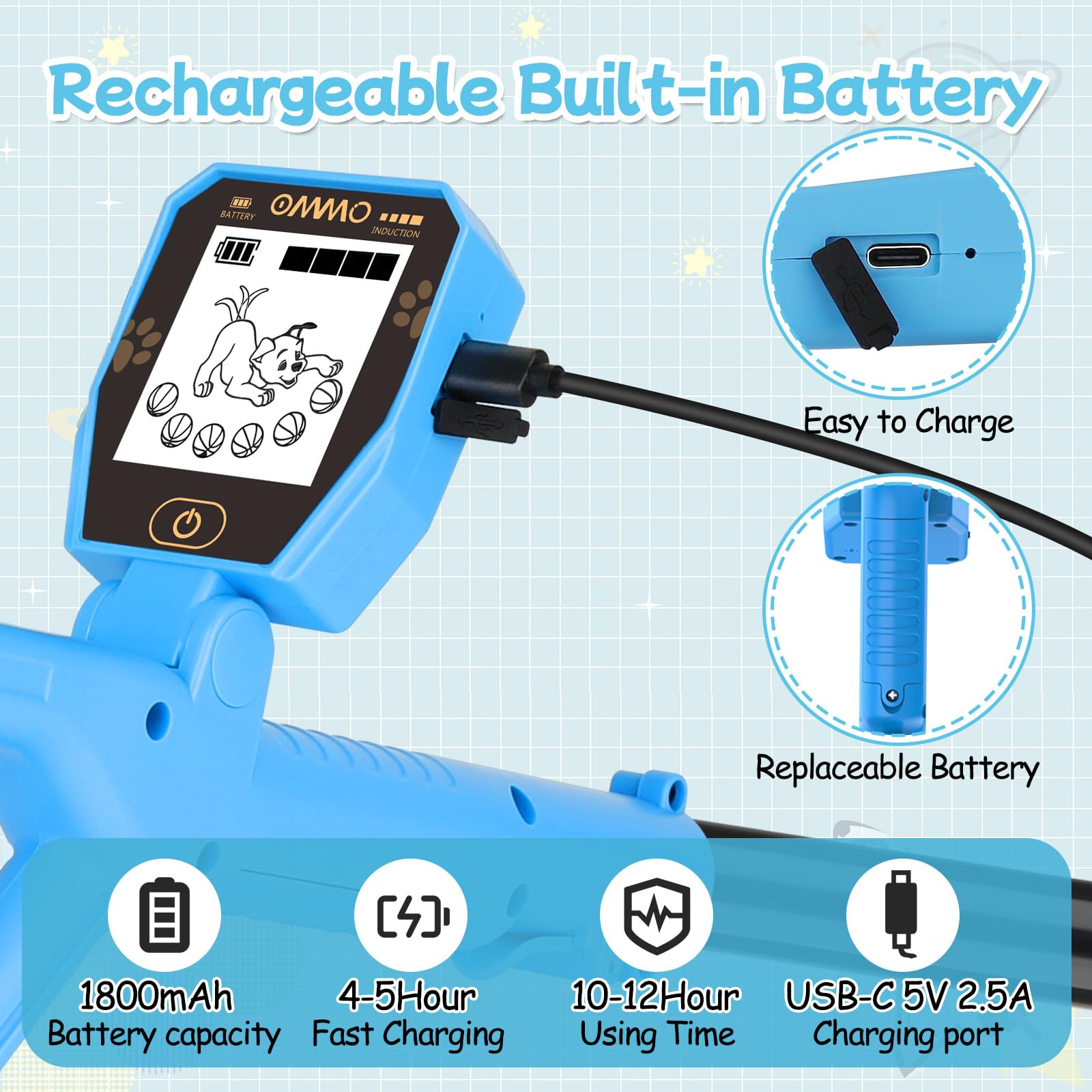 OMMO Metal Detector, Rechargeable Built-in Battery Kids Metal Detector with Funny LCD Display, Adjustable Metal Detectors for Kids with IP67 Waterproof 6.5” Search Coil for Exploring Outdoor