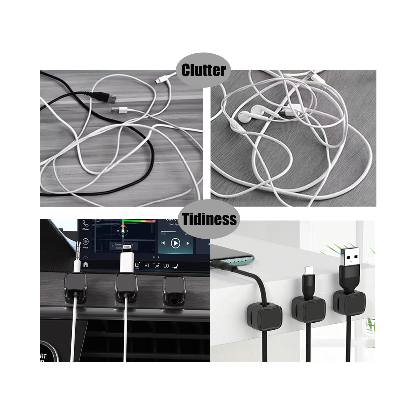 Magnetic Cord Organizer,Magnetic Cable Clips,Cable Smooth Adjustable,Cord Clips for Charging Cords,Nightstand,Home Office Desk,Phone,Car,Wall,Desktop (Black+White, 12Pcs)