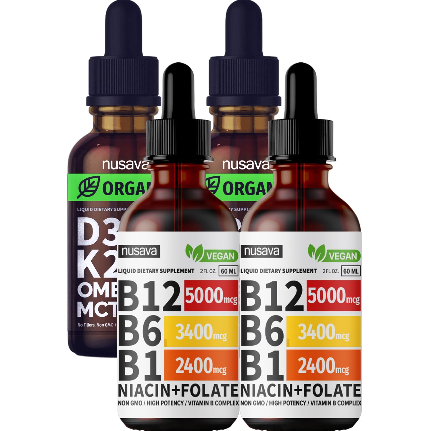 NUSAVA Vitamin B12 Liquid Drops and Unflavored D3 K2 Bundle - Potent Liquid Vitamins for Heart, Joint, Energy, & Immune Support - Non-GMO, Gluten-Free, 2pk Each