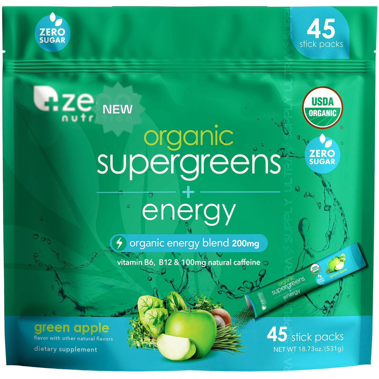 Zena_Supergreens Organic Energy Drink Powder (45 Count.) Green Apple Flavor – Zero Sugar, 70+ Superfoods, Gut Friendly, Fiber Rich, Vegan Caffeine Supplement