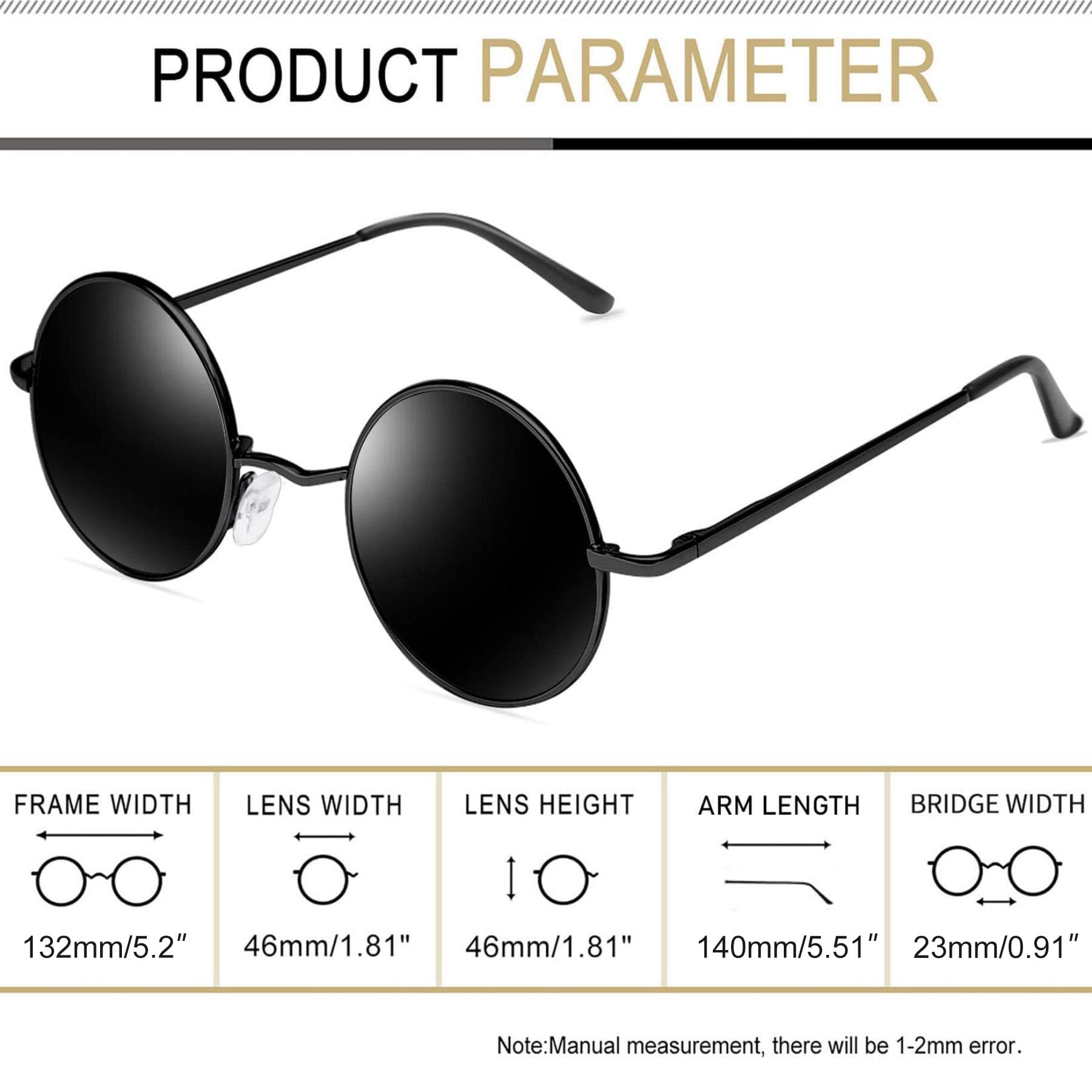 Joopin Polarized Round Sunglasses Circle Sun Glasses UV Protection Circular Shades for Men Women Costume (Black Simple Packaging)