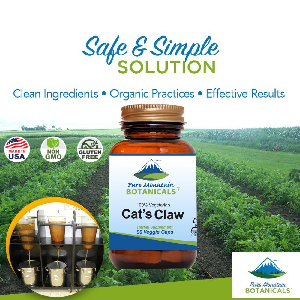Pure Mountain Botanicals Catβs Claw Capsules - 90 Kosher Vegan Caps with 1000mg Peruvian Cats Claw Uncaria Tomentosa Herbal Supplement