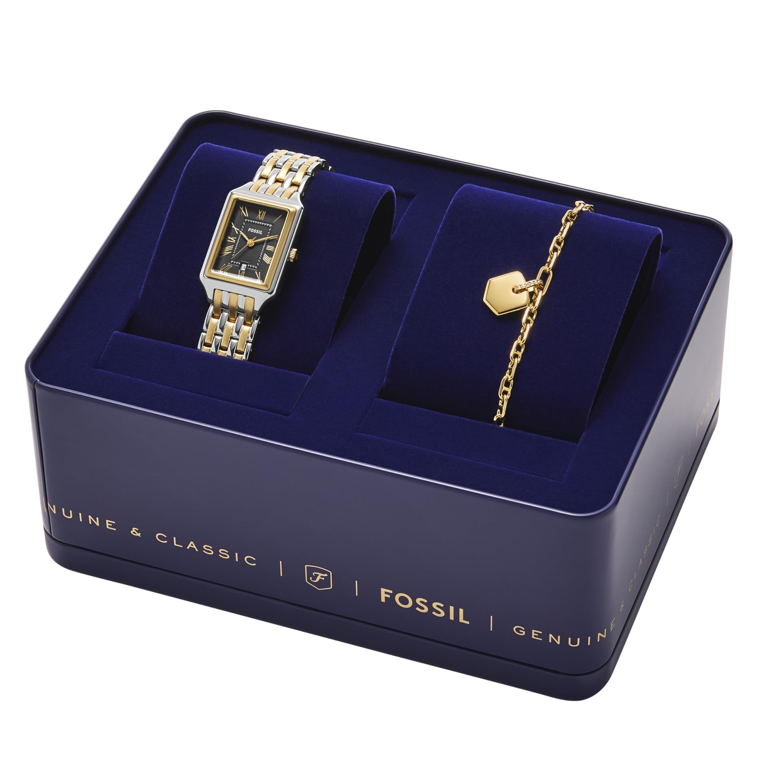 Fossil Women's Watch and Bracelet Set, Raquel Three-Hand Date Two-Tone Stainless Steel Watch for Women and Bracelet