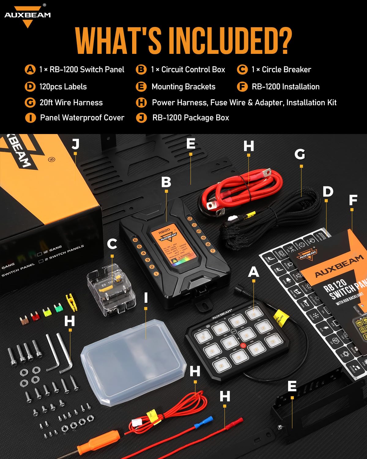 Auxbeam 12 Gang Switch Panel RB120 Toggle Momentary Pulsed RGB Dimmable Switch Panel Multifunction Two Sided Output Marine Control Panel IP65 Waterproof for Car Boat RV, 2 Years Warranty