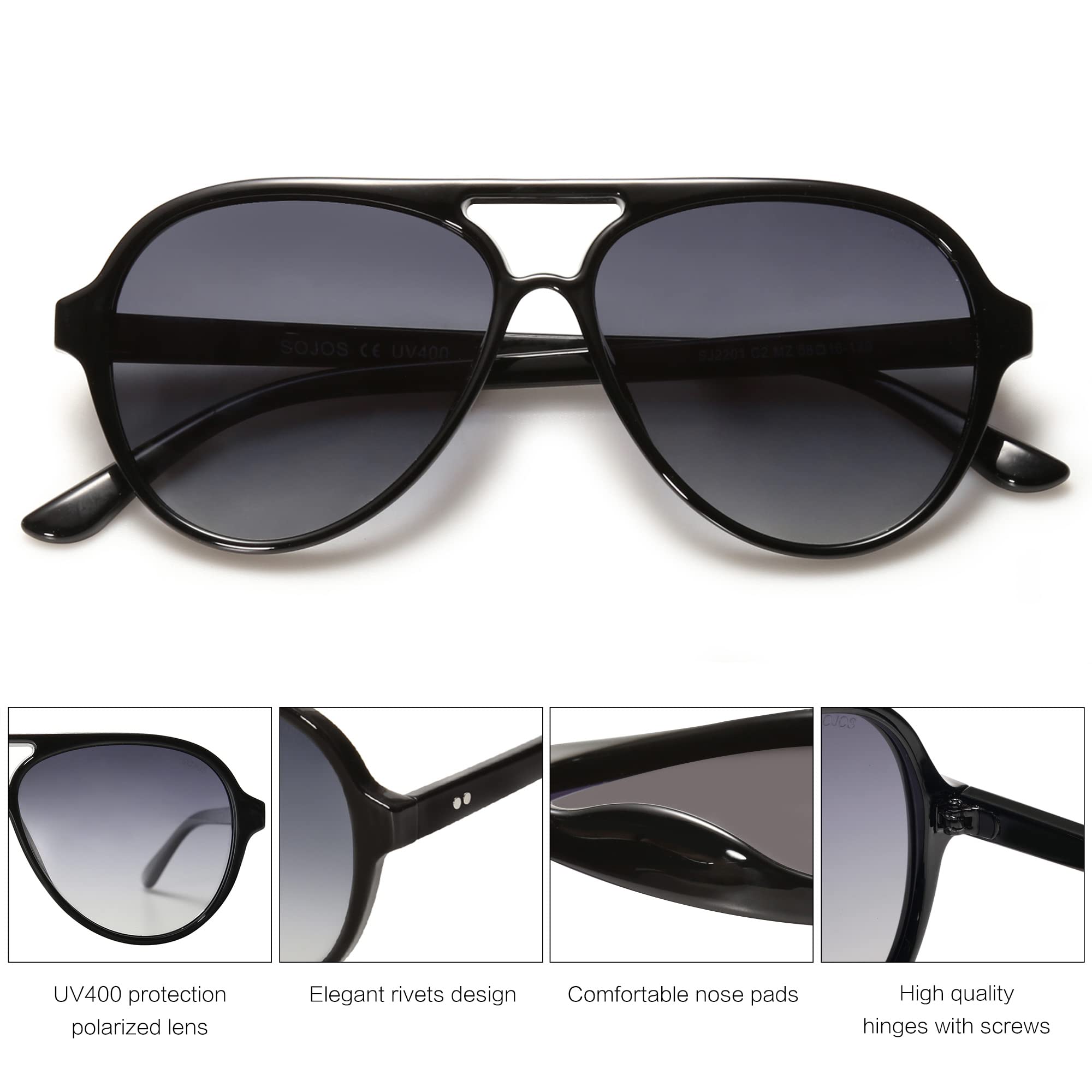 SOJOS Classic Polarized Aviator Sunglasses for Women Men, Retro Trendy Aviators Shades SJ2201, Black/Gradient Grey