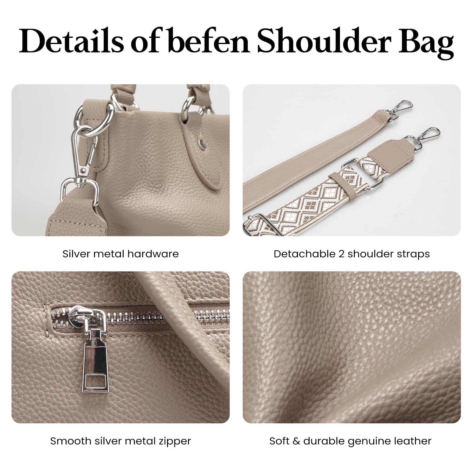 befen Genuine Leather Tote Bag for Women Shoulder Totes Crossbody Bags Purses Handbags with Top Handles Satchel Purse for Daily and Travel Taupe