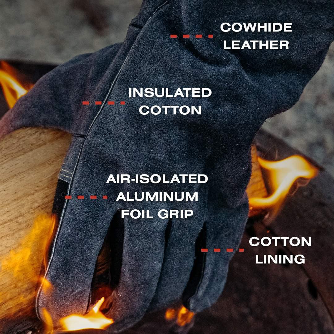 Breeo Fire Pit Gloves - Leather, Heat-Resistant Fire Gloves for Outdoor Cooking & Grilling - Air-Isolated Aluminum Foil Grip - Control the Flame - Heat Resistant up to 1000° - One Size Fits All