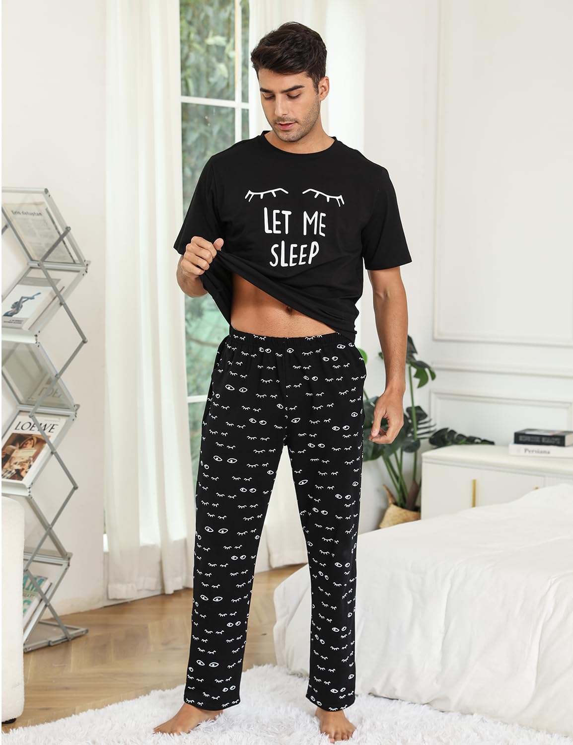 EISHOPEER Men's Soft Cotton Pajama Set Short Sleeve Casual Sleepwear T Shirt Loungewear with Long Pants Black XX-Large