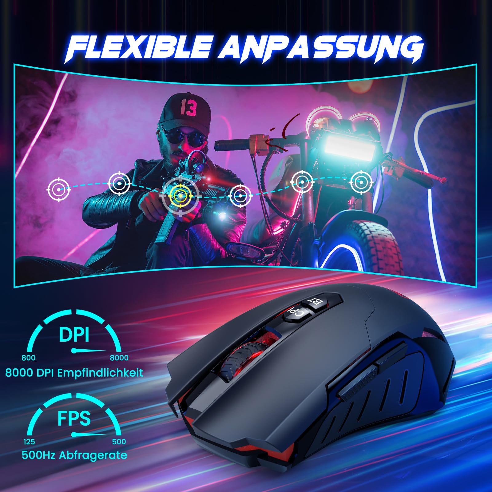 RisoPhy Wireless Gaming Mouse with 8000 DPI, 2.4G & Bluetooth Dual Mode Connection - Ergonomic Design, 7 Programmable Buttons, RGB backlighting, Precision Sensor for PC and Gaming