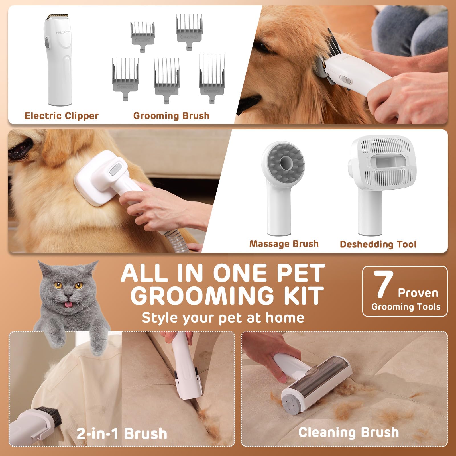 HEAPETS Dog Grooming Vacuum Kit, 3L Pet Grooming Vacuum with 7 Pet Grooming Tools, Dog Vacuum for Shedding Grooming at Home with Low Noise Electric Clipper and Brush, Blue-Light Blue