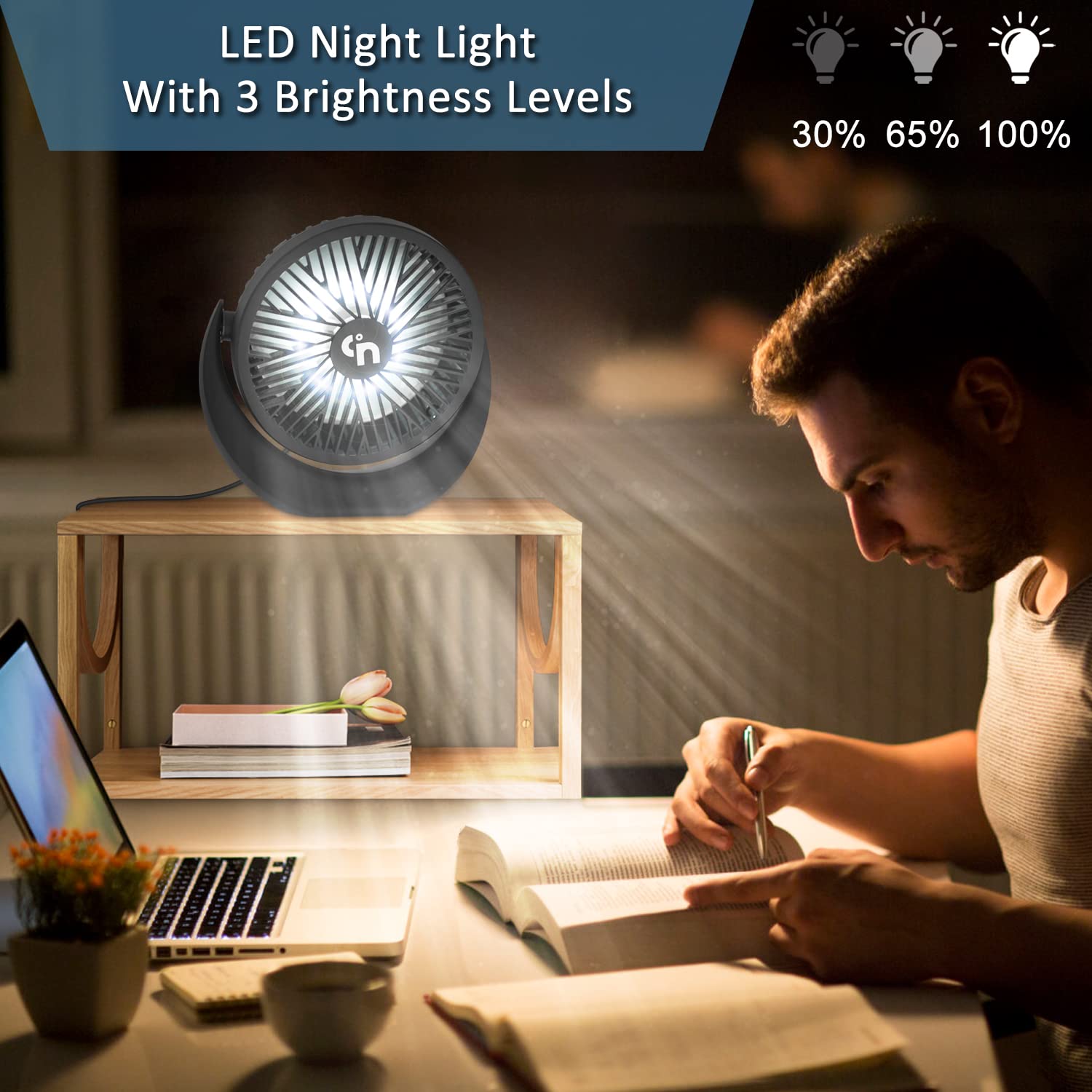 GagetElec USB Desk Fan with LED Night Lights,360°Rotation Desktop Fan,3 Speeds Quiet Mini USB Cooling Fan Personal Table Fan for Home Office Desktop Office Table 5.3 Inch (T5-08)