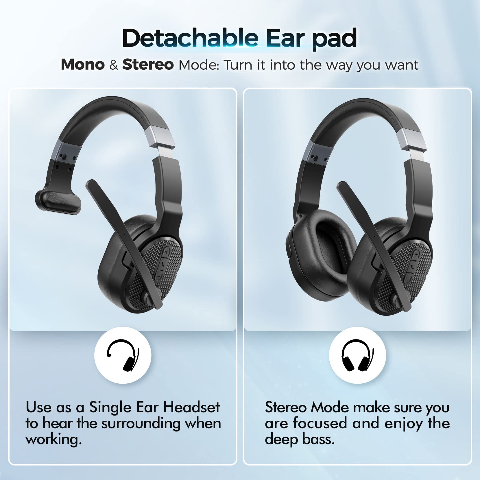 COSMUSIS Trucker Bluetooth Headset, Wireless Headsets with Noise Cancelling Microphone, 40+Hrs HD Talktime Bluetooth Headphones with Detachable Earpad/Single+Dual Mode for Office/Driving/Home