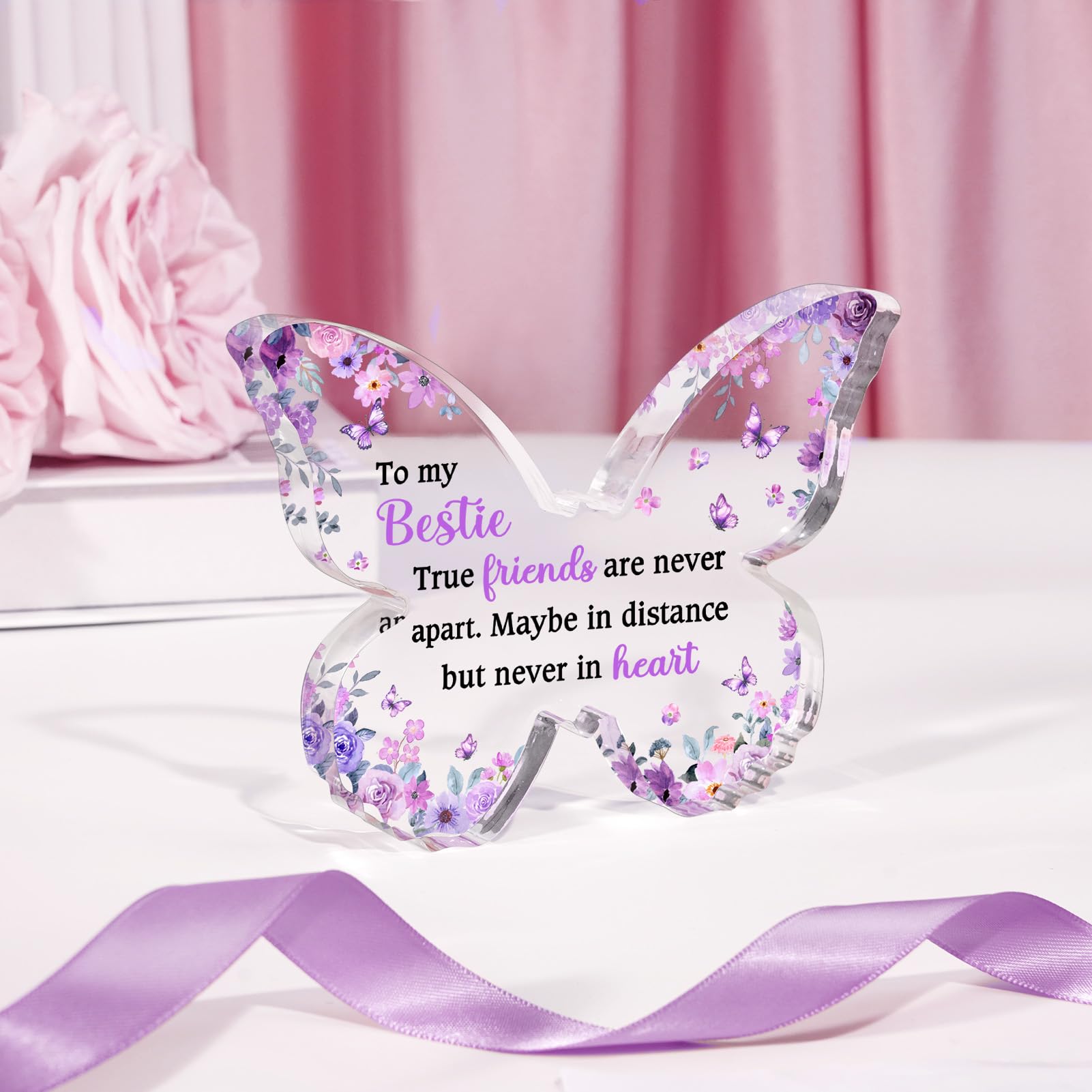 Glydein Best Friend Gift for Women, Unique Purple Butterfly Acrylic Plaque Desk Decor, Bestie Best Friend Birthday Gifts for Women Friendship for Bff Bestfriend, 5 x 3.8 x 0.5 inches