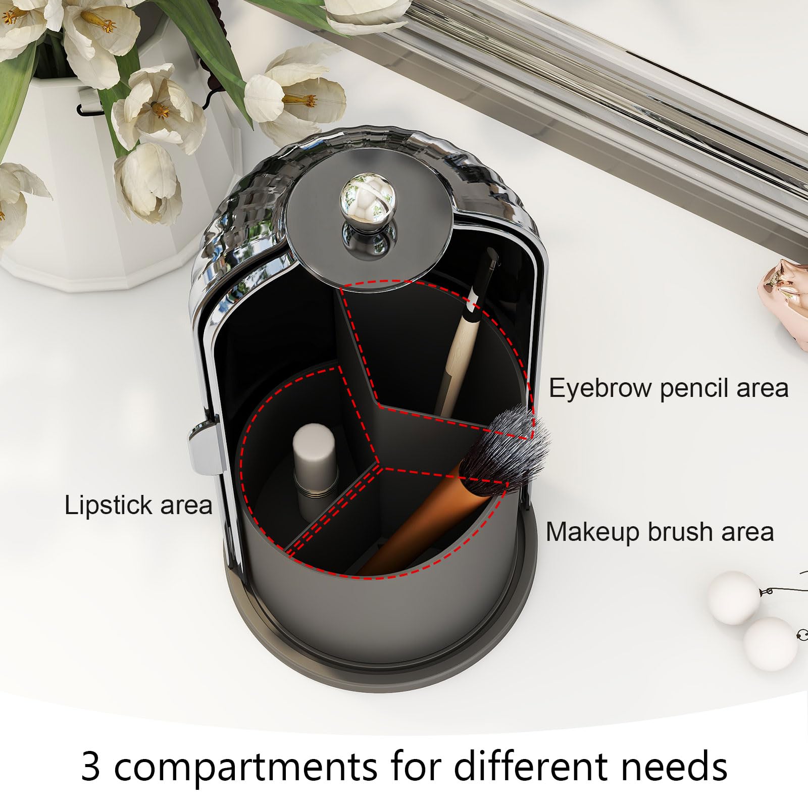 Emljkvp Makeup Brush Holder with Dustproof Cover 360 Rotating Makeup Brush Organizer for Vanity Bathroom, All Black