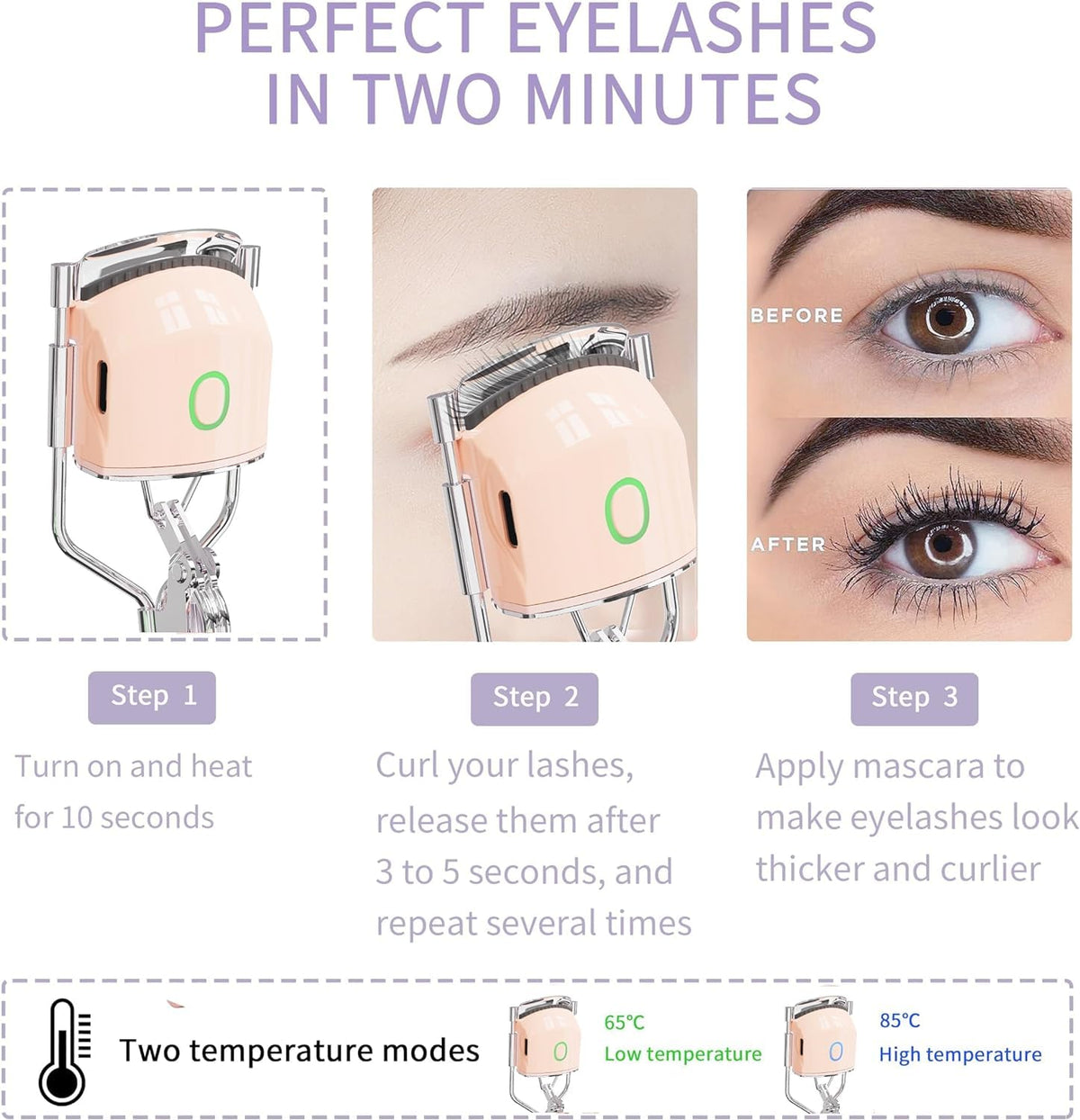 Heated Eyelash Curler with Comb,Lash Lift Heated Lash Curler,C Curl Lash Curler,2 Heating Modes Rechargeable Portable Eyelash Curler,3 Packs Eyelash Curler Kit (Pink)