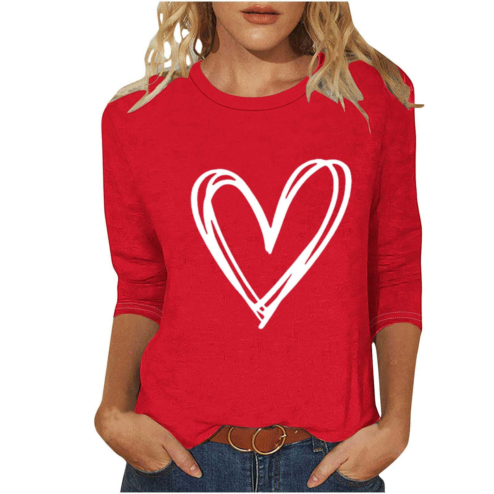 Warehouse Amazon Warehouse Deals Valentines Shirts for Women Trendy 2025 Cute Love Heart Print Tunic Tops Plus Size Casual Summer 3/4 Sleeve Blouses Valentines Day Tshirts L