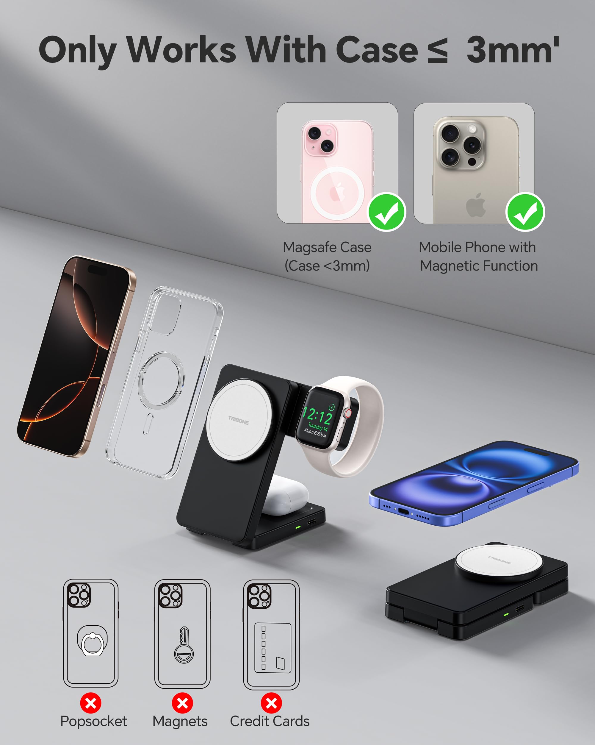 3 in 1 Charging Station for iPhone 16 15 14 13 12, 11 X 8 Series (with MagSafe Case), Wireless Charger for Apple Watch,Travel Magnetic Charging Stand for AirPods (Black-White)