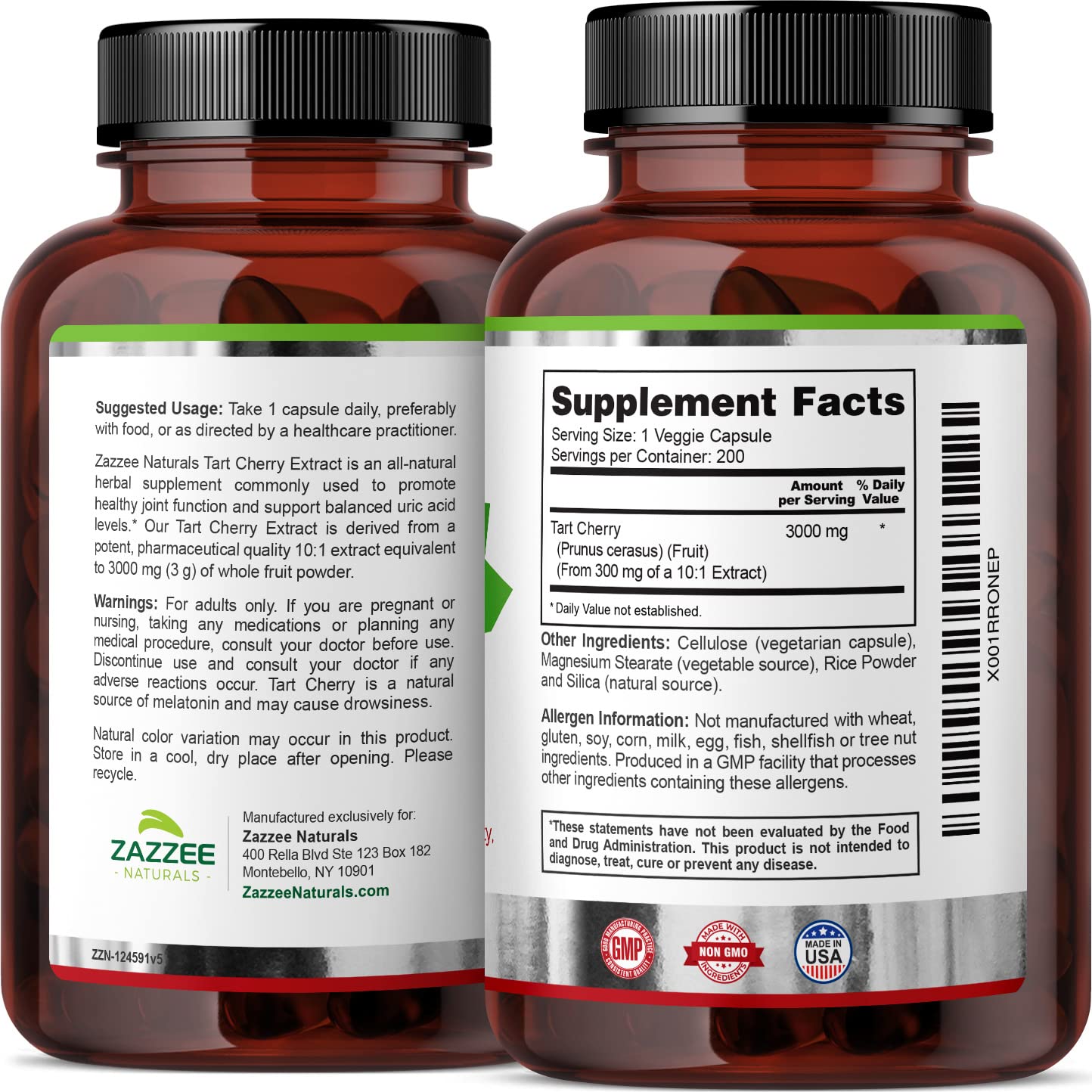 Zazzee Tart Cherry 10:1 Extract, 3000 mg Strength, 200 Vegan Capsules, 6+ Month Supply, Certified Kosher, Concentrated and Standardized 10X Extract, 100% Vegetarian, All-Natural, Gluten Free, Non-GMO