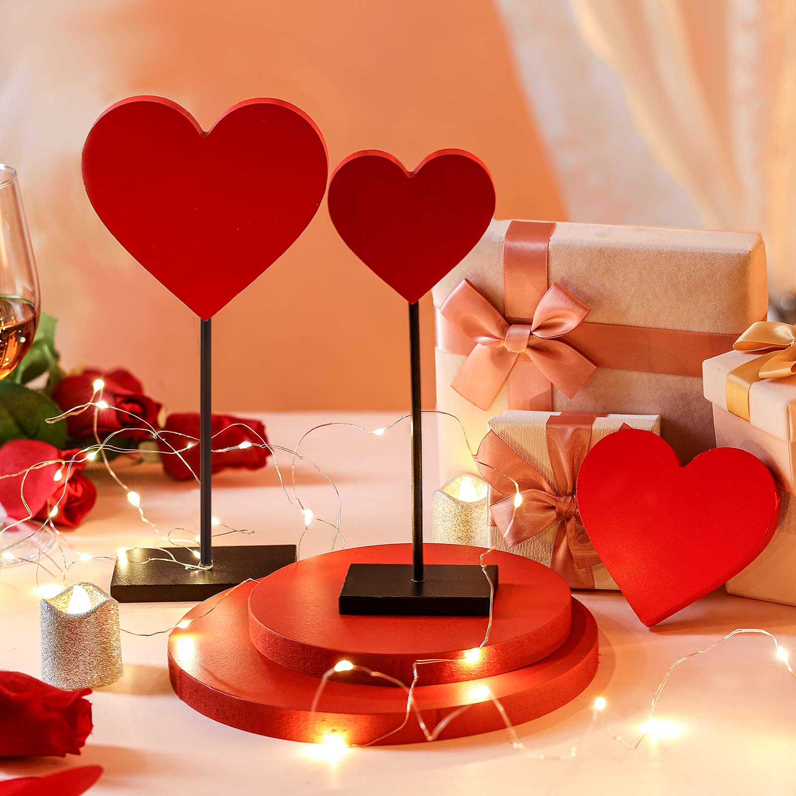 Spiareal 3 Pcs Valentine's Day Heart Wooden Sign Heart Shape Tall Standing Table Sign Love Decor Valentine's Day Wooden Signs for Home Farmhouse Table Centerpiece Decorations(Classic)