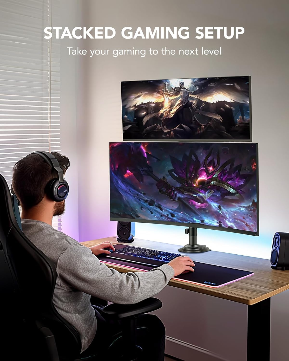 HUANUO 17-32 Inch Dual Monitor Stand, Vertical Dual Monitor Mount, Monitor Stand 2 Monitors, Ergonomic Adjustable Tilt/Swivel/Rotate, Weight Max 19.8 lbs, VESA 75/100mm