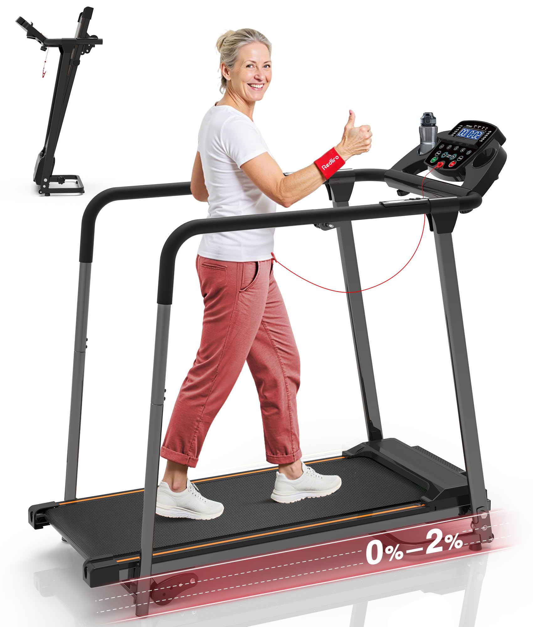 Redliro Walking Treadmill for Seniors - Foldable Senior Treadmill with 0%-2% Incline, Long Handrails - 300 lbs Capacity Home Recovery Fitness Exercise Machine for Elder, Mute & Qucik Speed Button