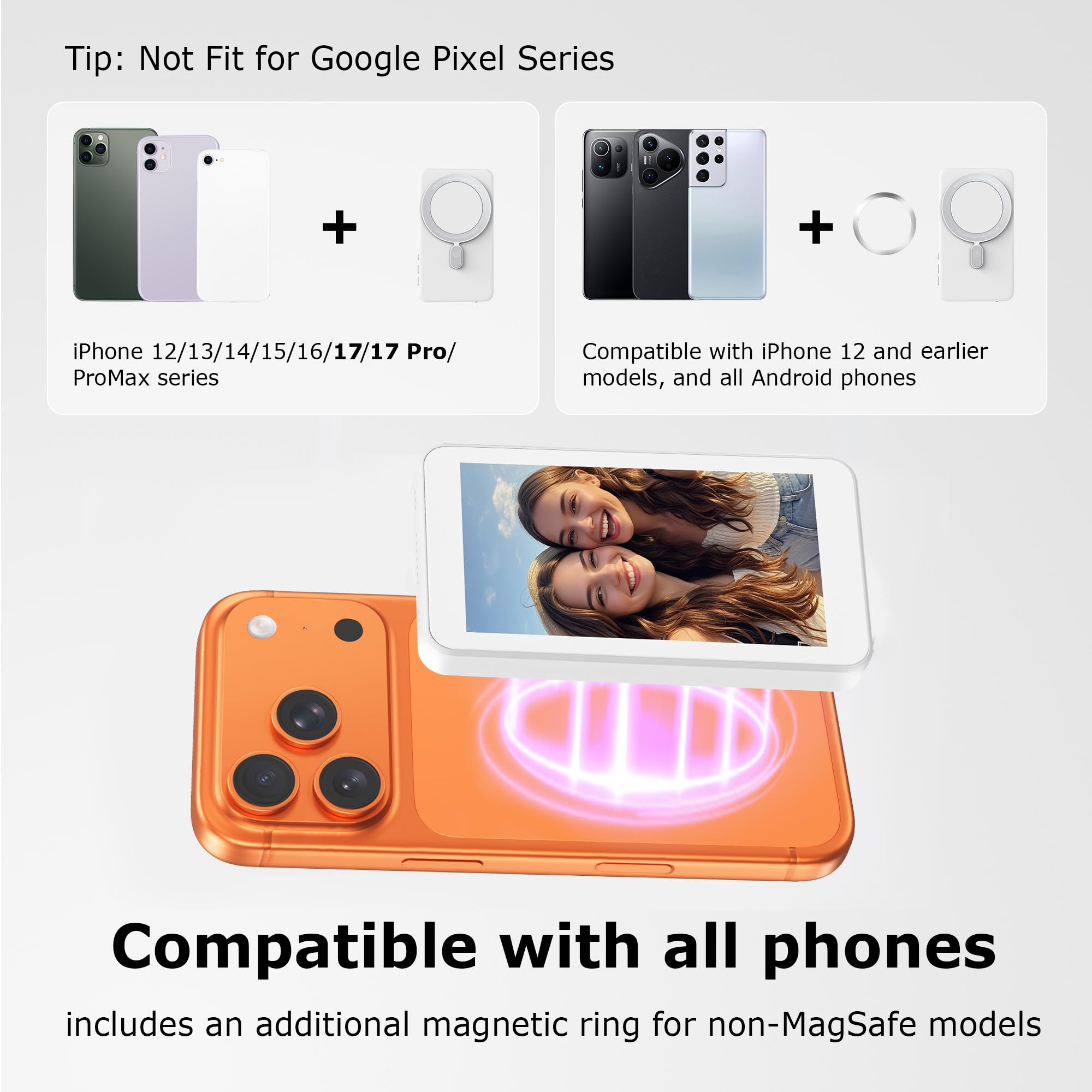 Vlog Selfie Monitor Screen for iPhone 17 Series & Android, Wireless Magnetic Built-in Speaker 4K/1080P Phone Back Camera Monitor with Remote Control for Live Stream TikTok (White)