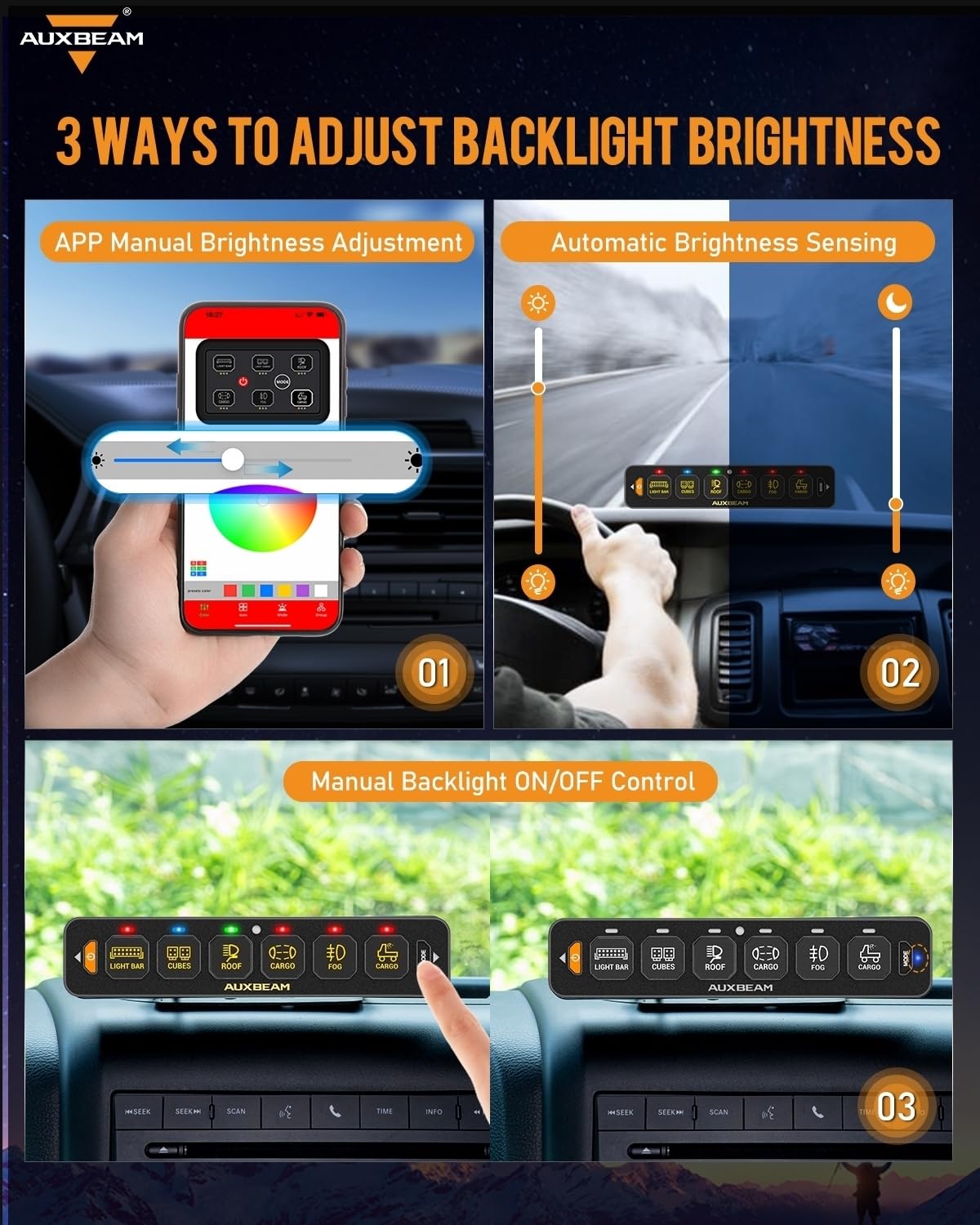 Auxbeam 6 Gang Slim Switch Panel Bluetooth RGB AS-600 with APP&Remote Control Toggle Momentary Pulsed Switch Pod Off Backlight for Truck Offroad UTV ATV Car Marine 12-24V Waterproof, 2 Years Warranty